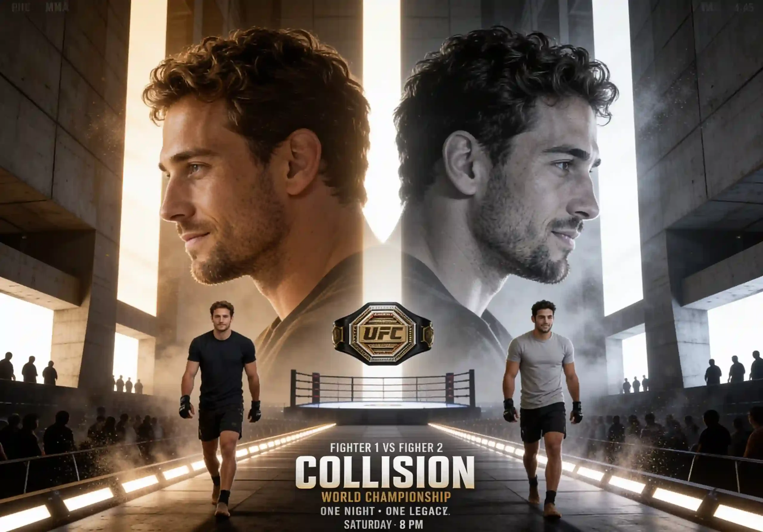 Two MMA fighters approach an illuminated arena in an epic cinematic championship poster.
