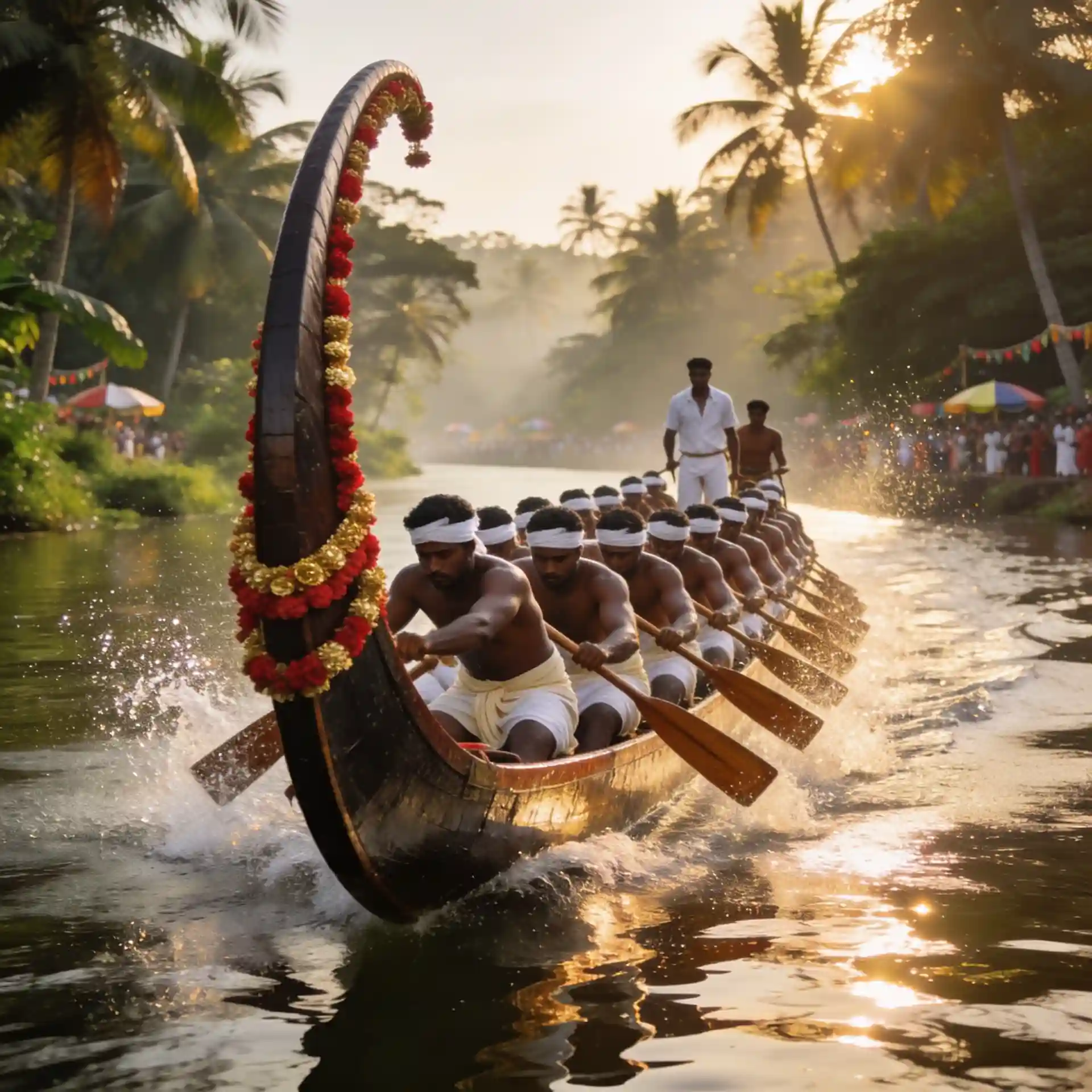 Kerala Vallam Kali snake boat race with synchronized rowers and dramatic water splashes.