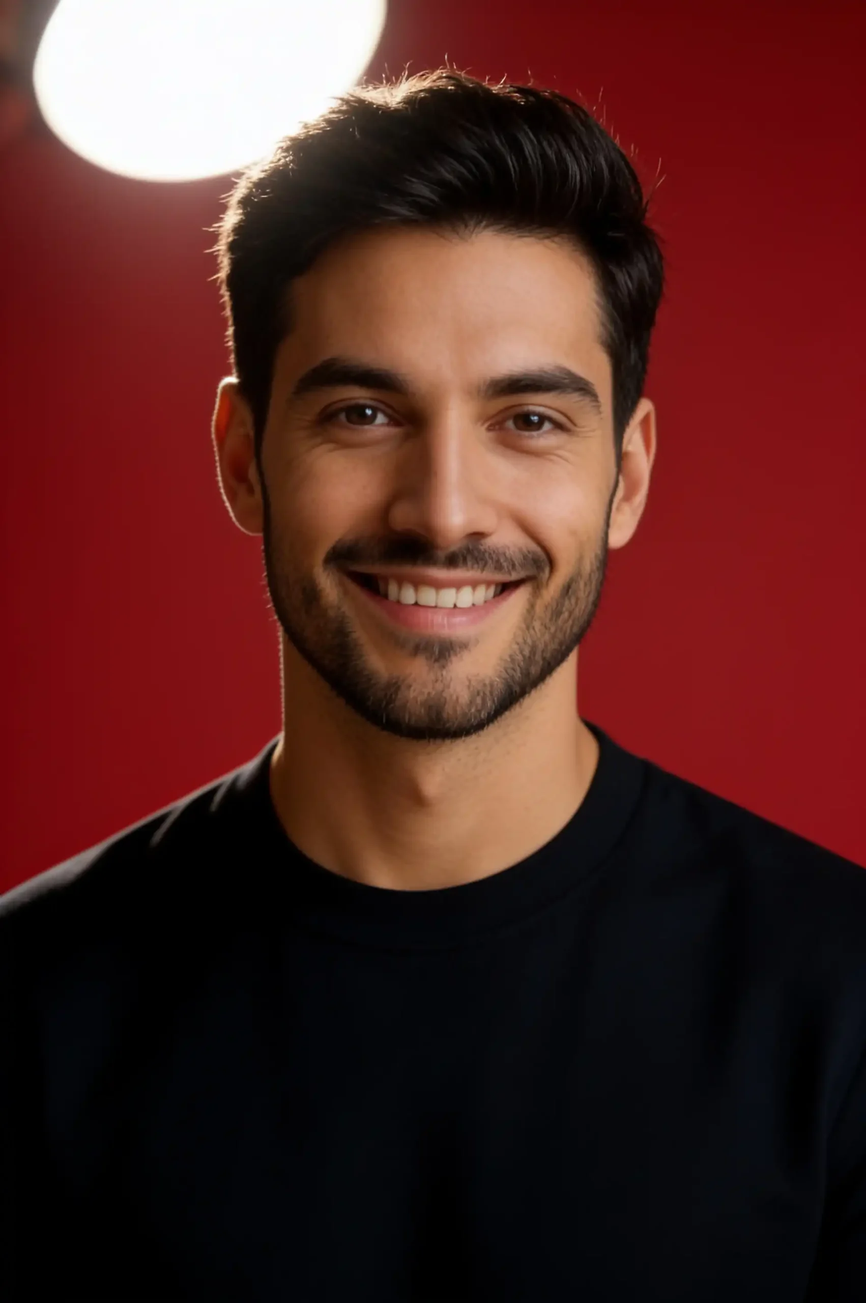 Person posing in dark clothing against a clean scarlet-red studio background.
