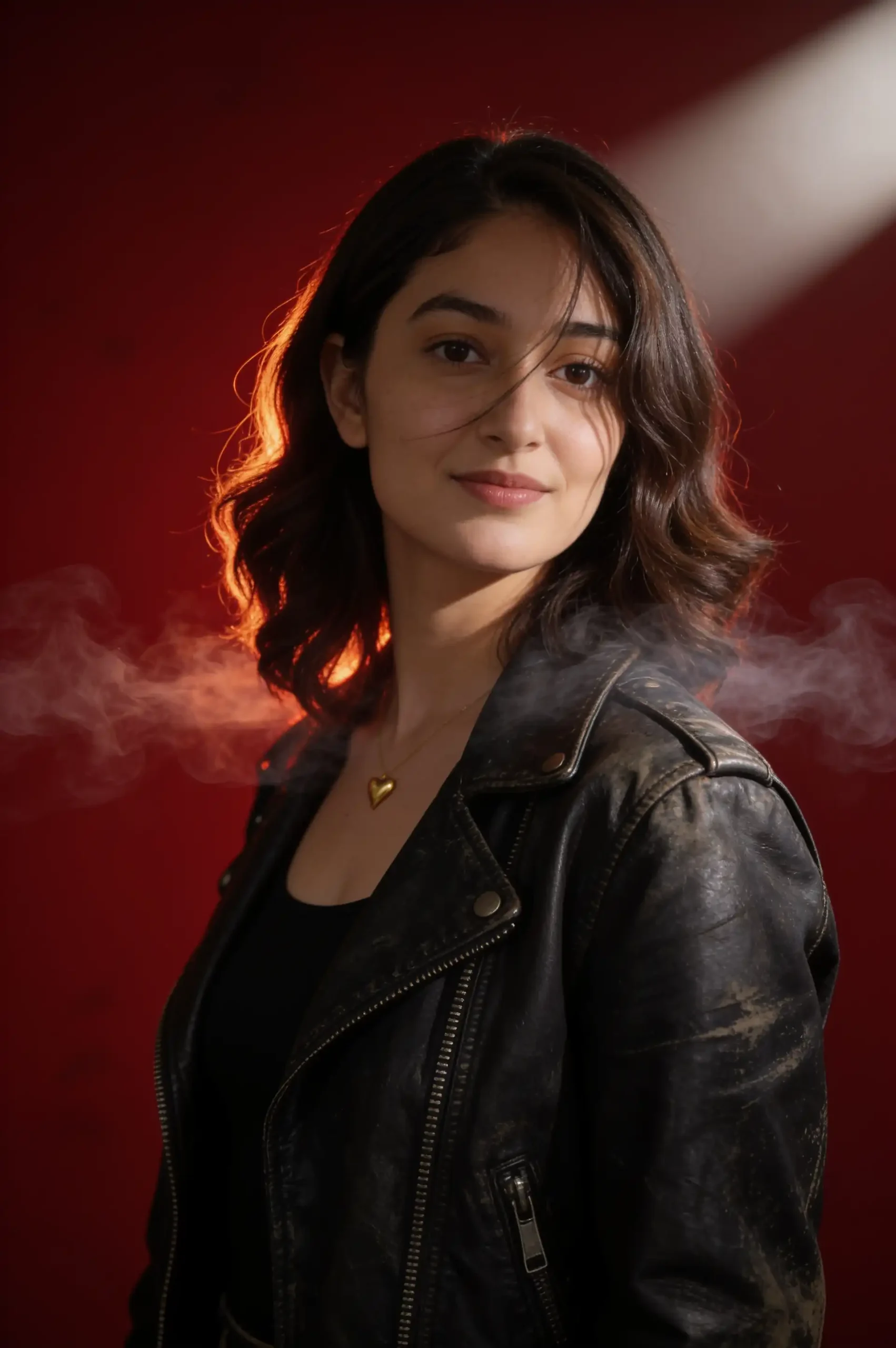 Man in a black leather jacket surrounded by soft crimson smoke.