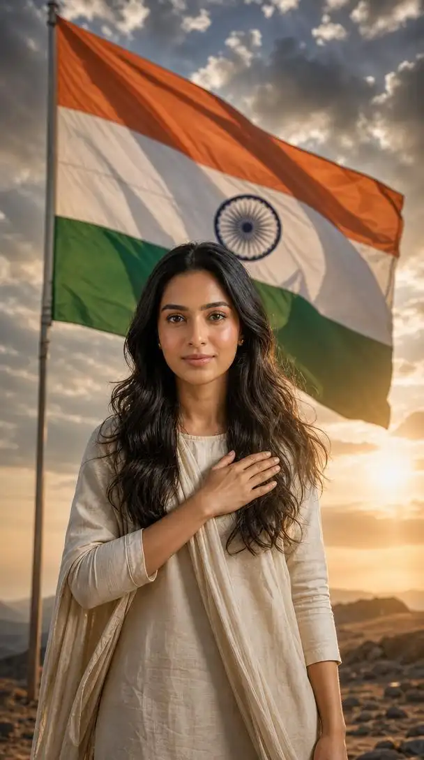 Patriotic portrait of a person standing before a giant Indian flag in tribute to Indian soldiers.