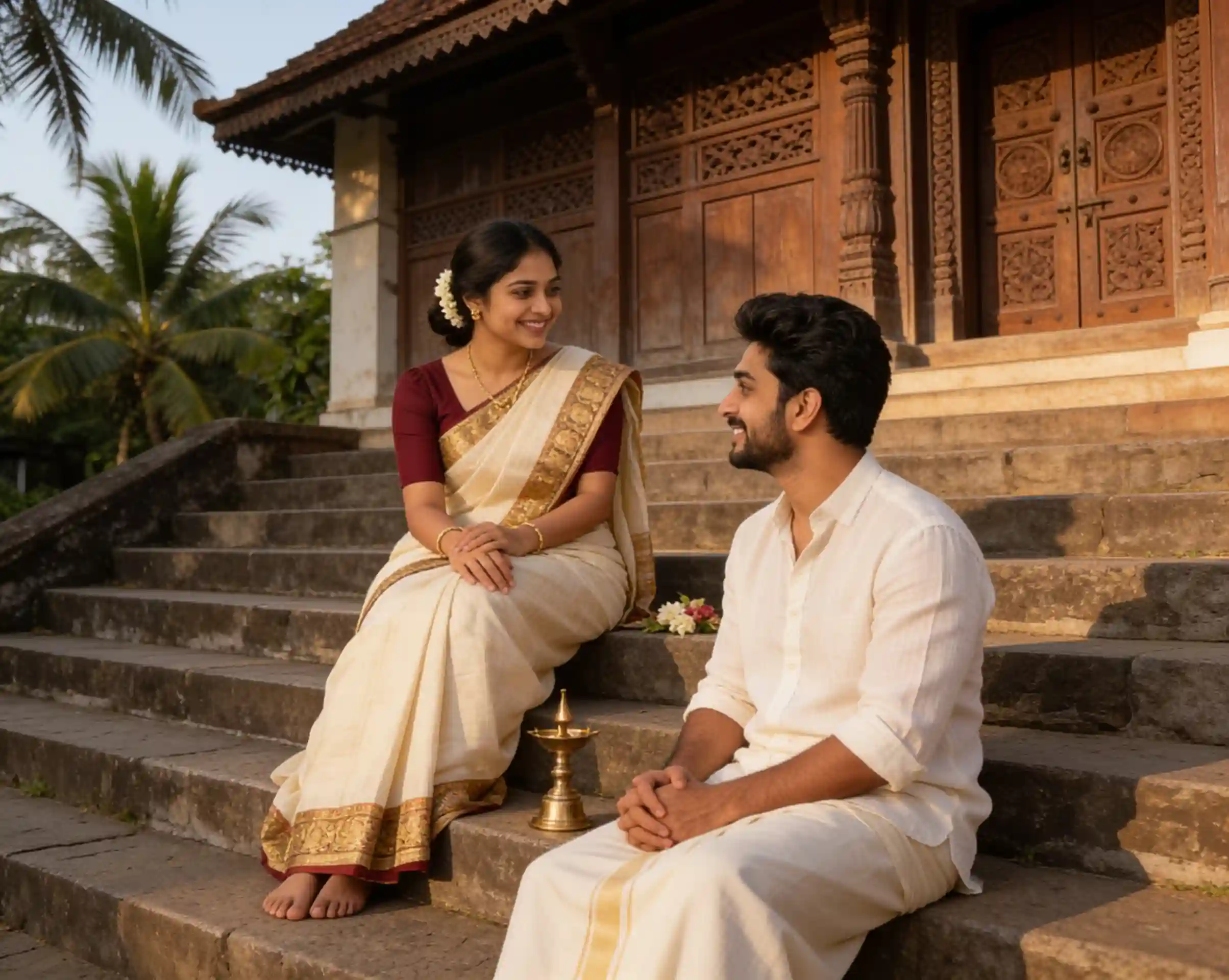 Couple in traditional Kerala Onam outfits posing outside a heritage tharavadu.