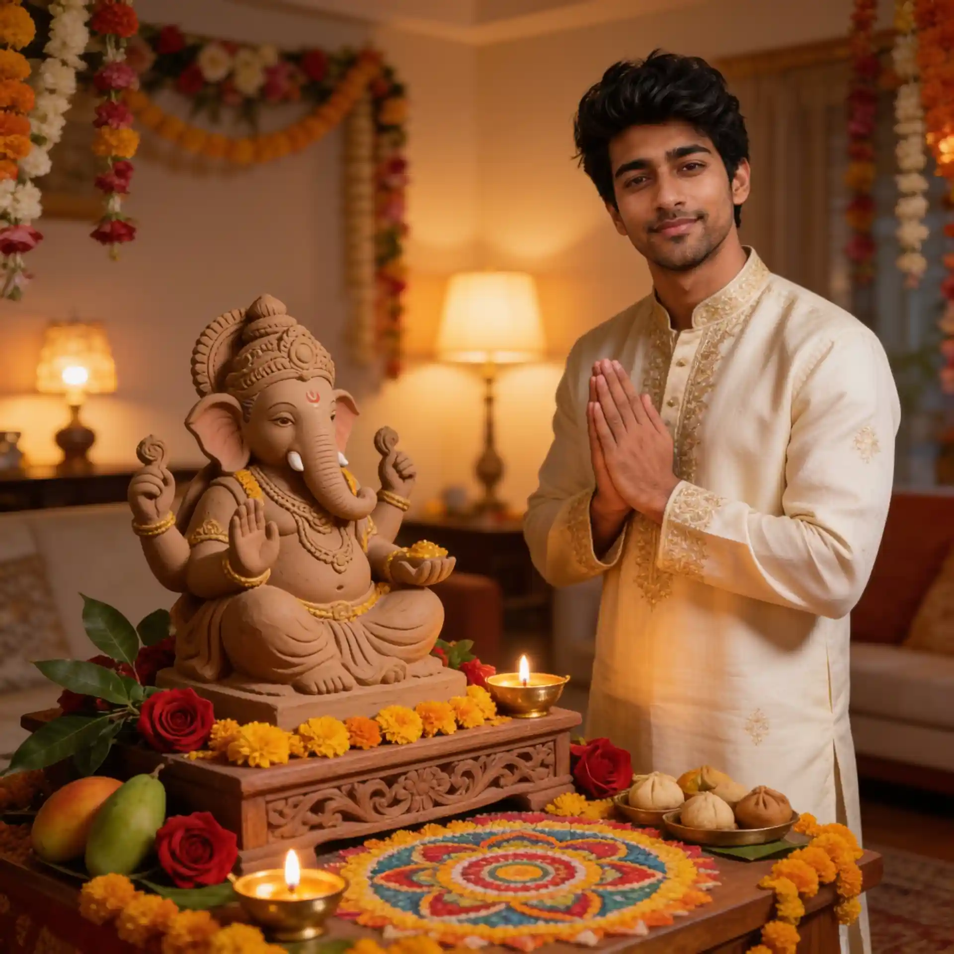 Man in an ivory kurta posing beside a beautifully decorated Ganpati Bappa at home.