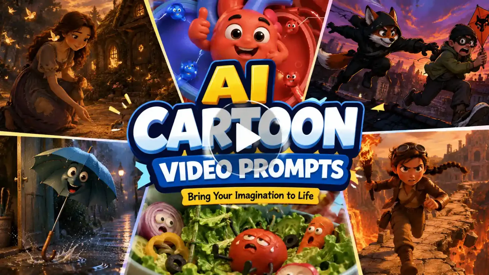 Colorful horizontal banner for AI Cartoon Video Prompts featuring animated adventure, fantasy, comedy, and educational cartoon scenes surrounding a bold central title.