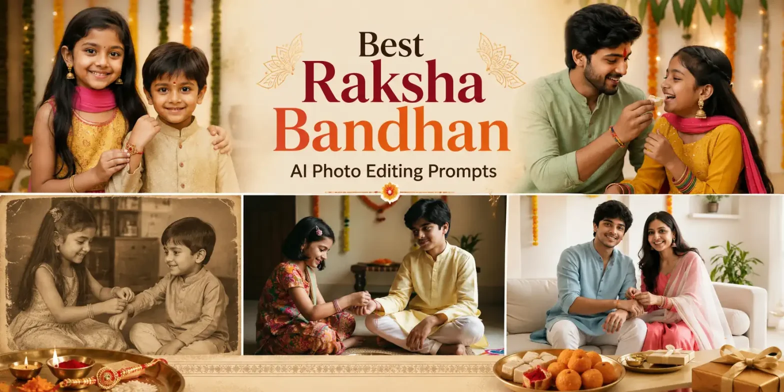 Collage of AI-generated Raksha Bandhan sibling photos created with LightX, featuring traditional outfits, rakhi ceremonies, and festive Indian settings.