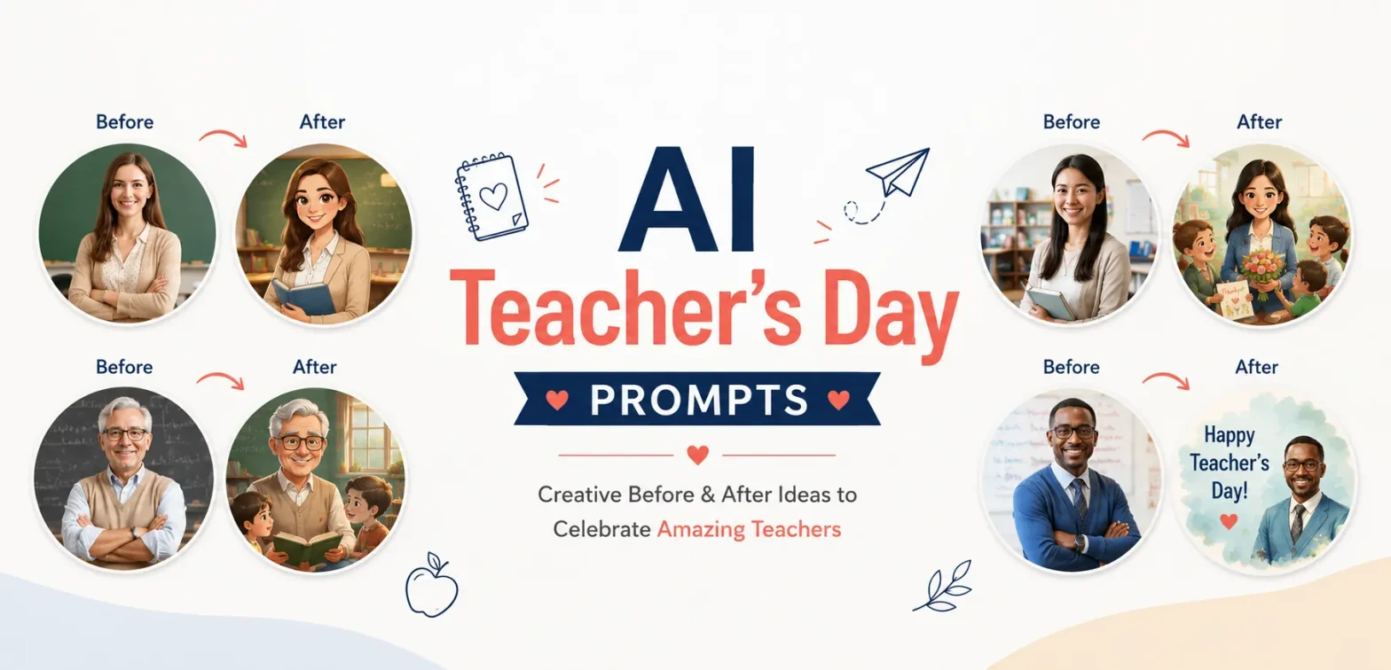AI Teacher’s Day Prompts banner showing teacher photos transformed into caricature, storybook scenes and Teacher’s Day cards.