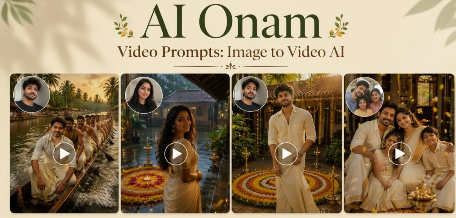 collage of onam images of 4 person in onam outfit