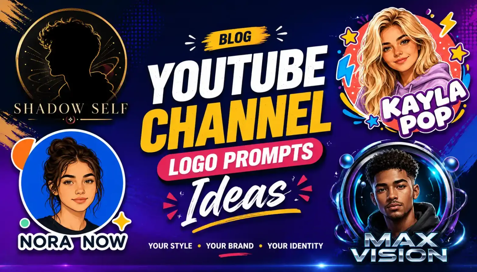 combination of all logo genration in one frame with youtube channel logo prompt written to it.