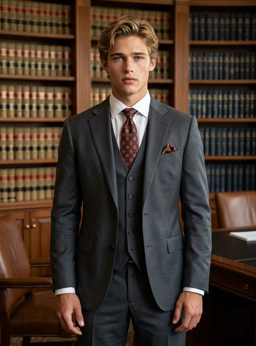 Retrato profesional de un abogado masculino dentro de una elegante oficina jurídica con estanterías legales y vestimenta formal.