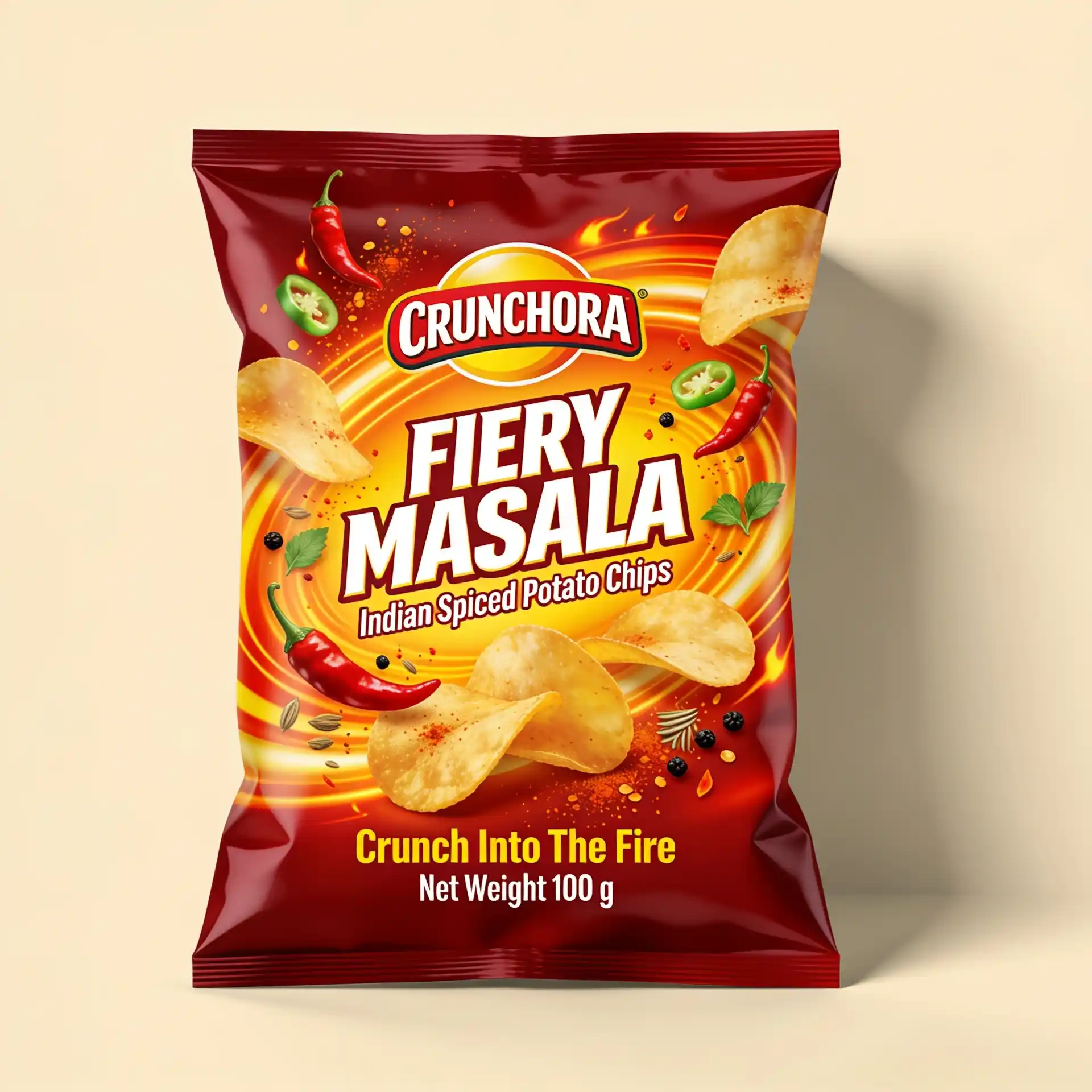 Fiery Masala potato chips packaging in red and yellow with spices and crunchy chips