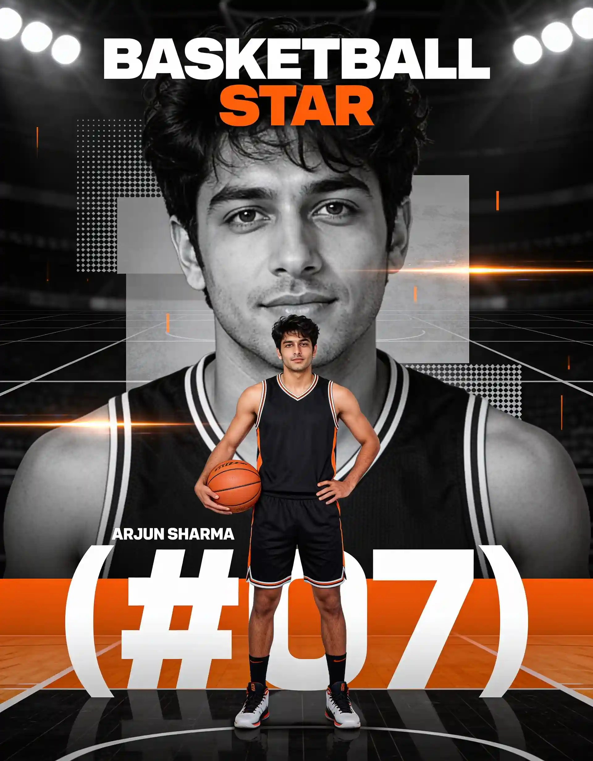 Basketball player holding a ball in a modern sports poster.