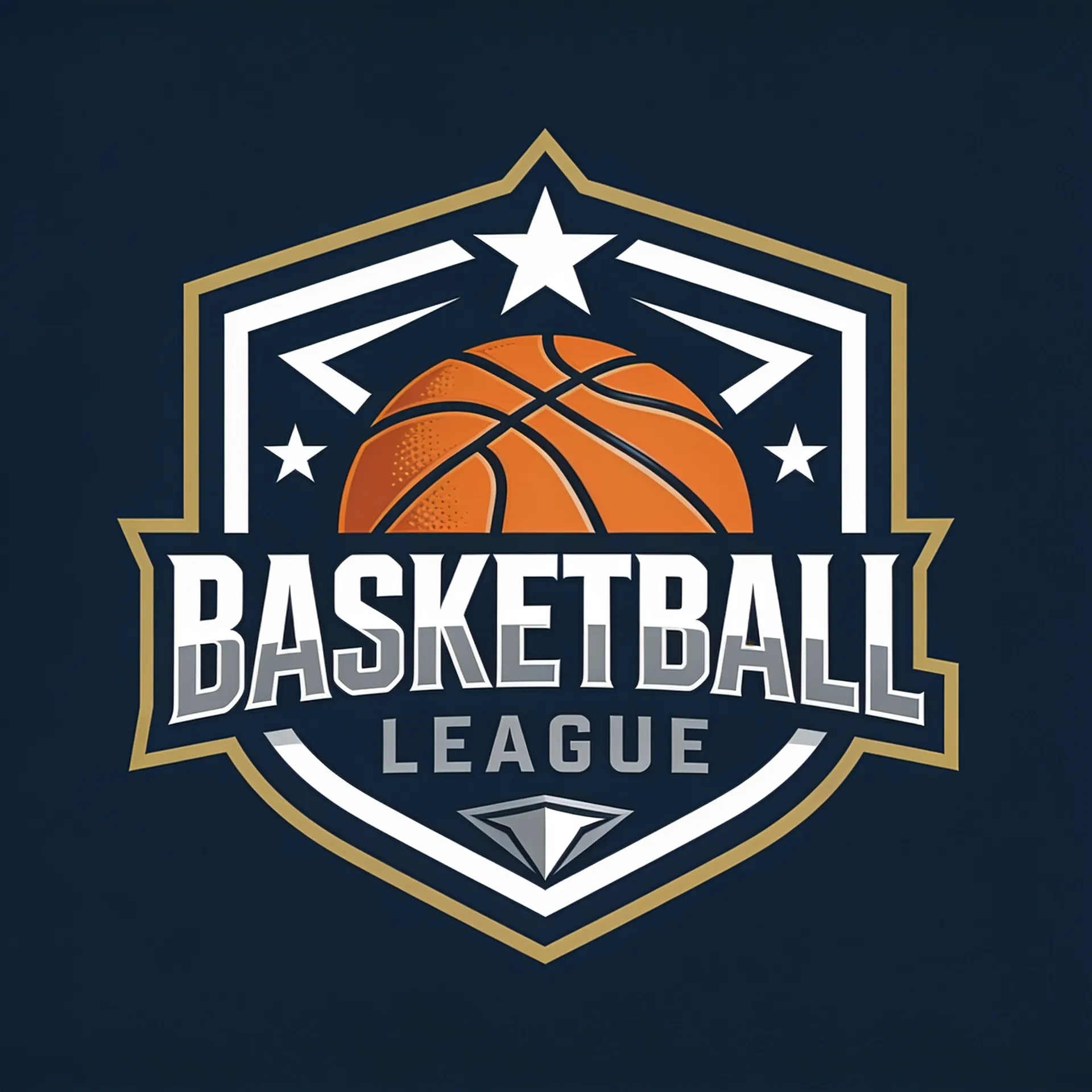 Modern basketball league logo featuring a basketball inside a shield with stars and bold typography.