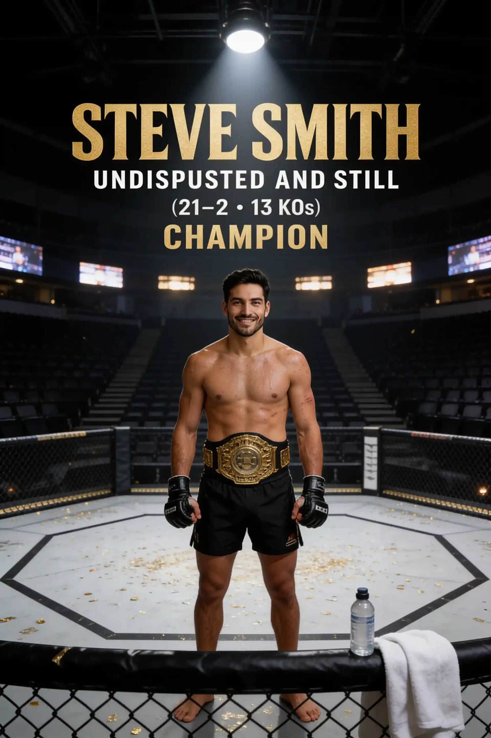 An MMA champion stands alone in an empty arena wearing a gold championship belt.