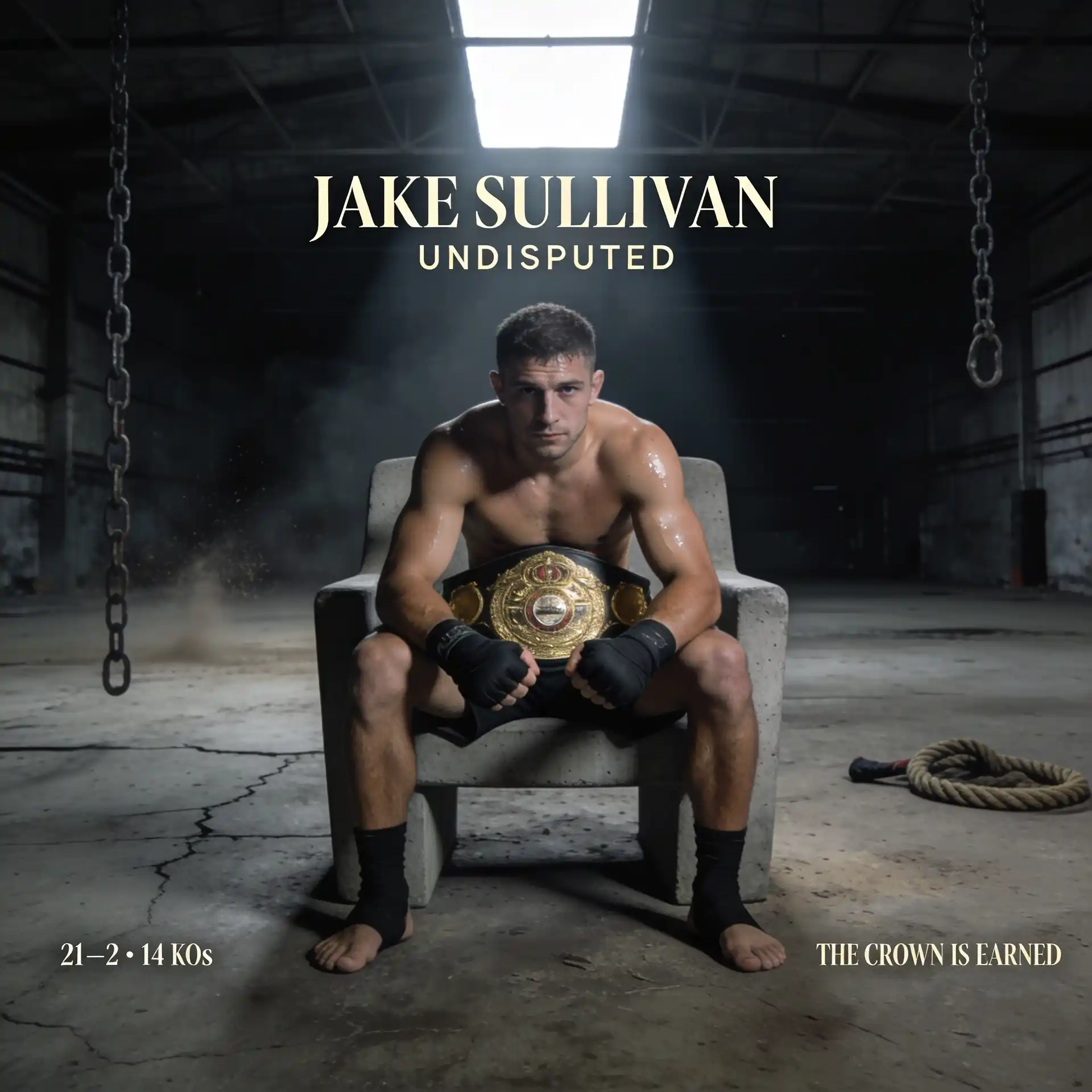 An MMA champion sits on a concrete throne with a gold championship belt.