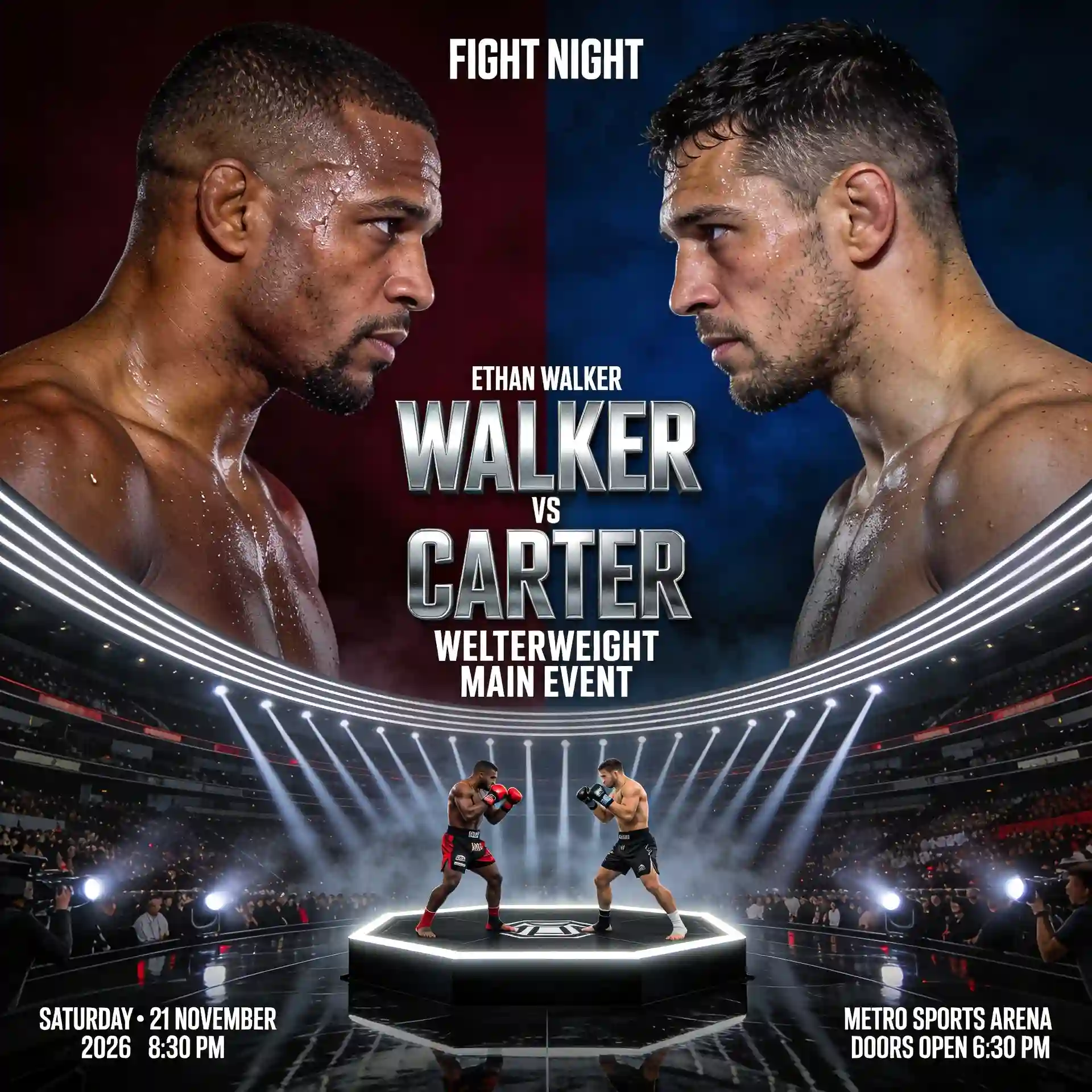 Two MMA fighters headline a dramatic Fight Night event inside a packed arena.
