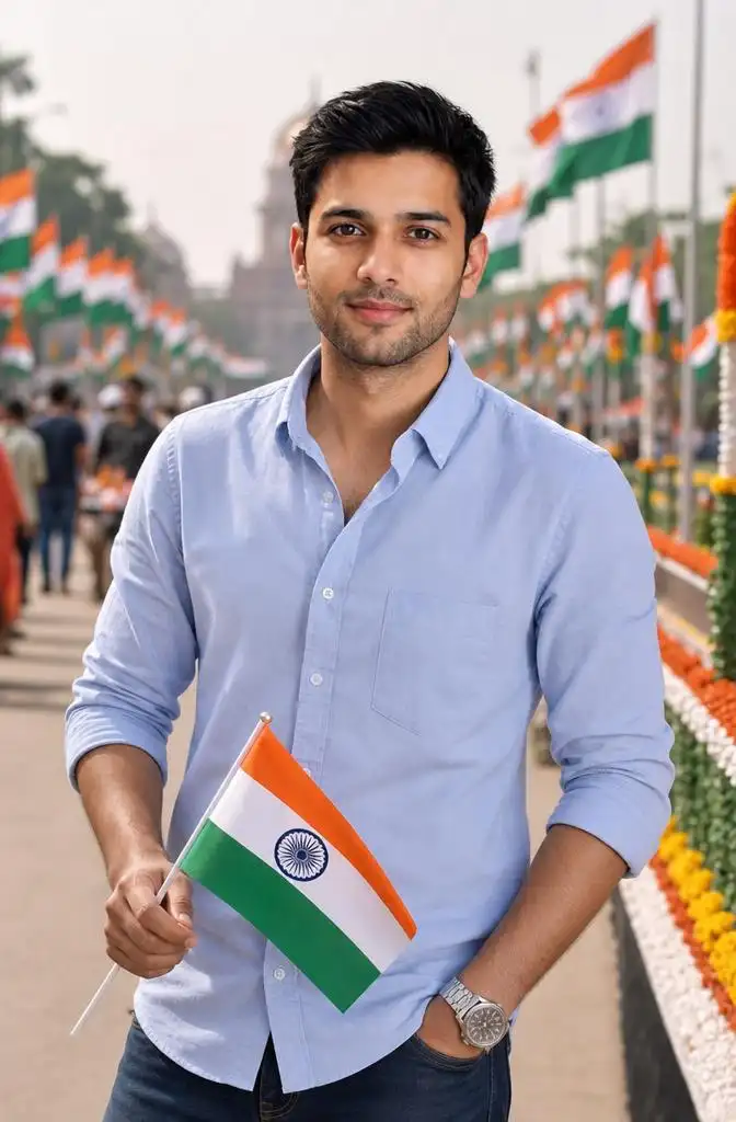 Person standing along a festive Independence Day parade route decorated with Indian flags and patriotic elements.
