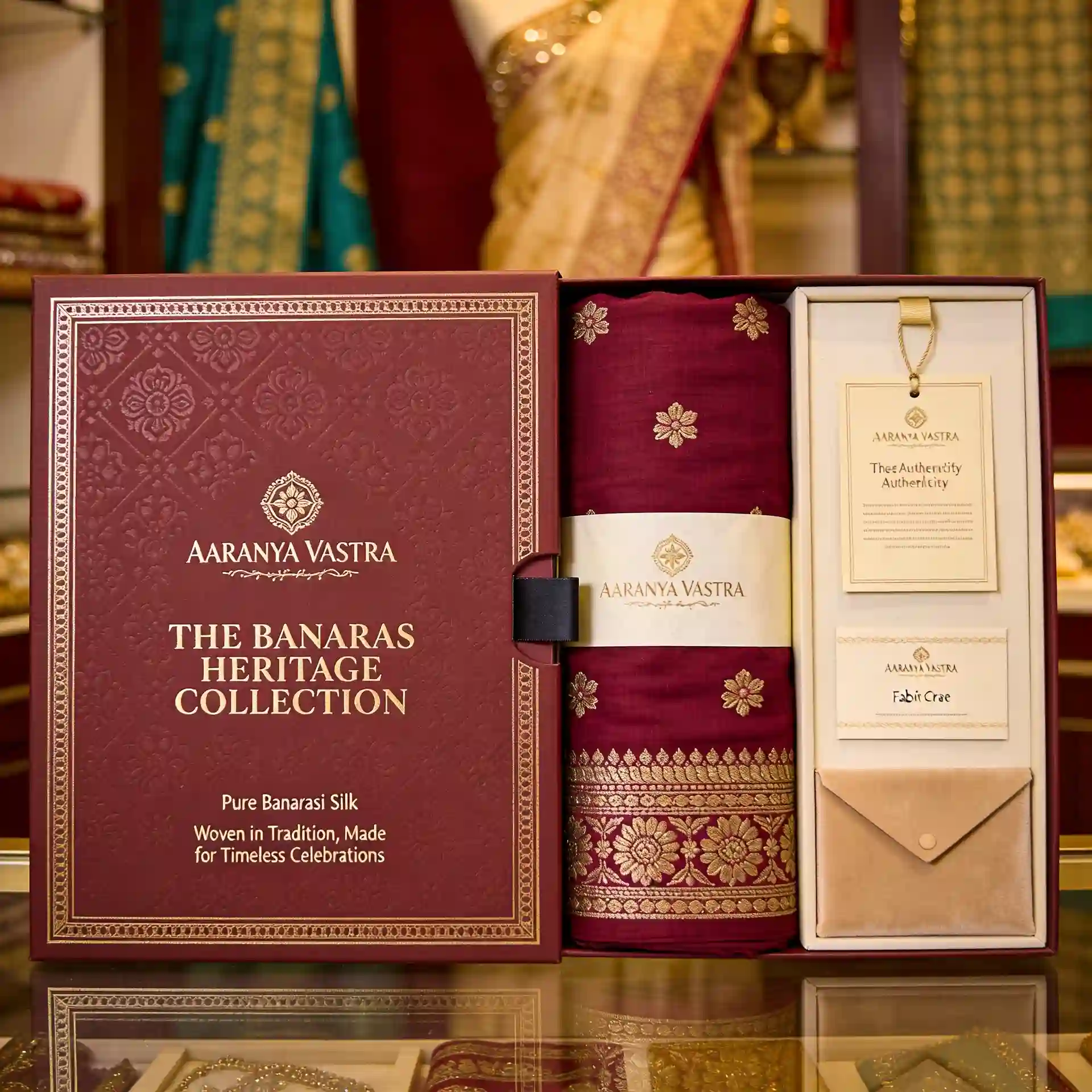 Luxury Banarasi silk saree gift box with maroon and antique gold Indian motifs