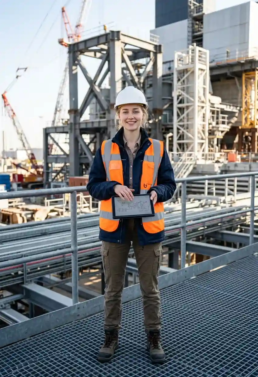 Ingeniera profesional en un proyecto de infraestructura moderna con vestimenta de ingeniería y equipo de seguridad.