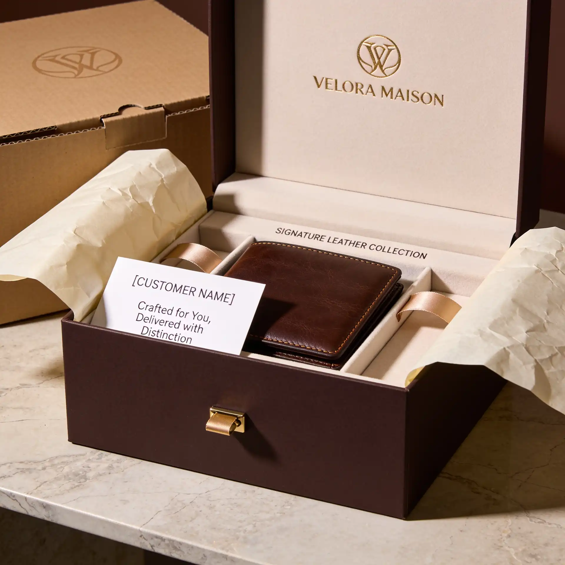Luxury e-commerce delivery box with premium leather wallet and layered gift packaging