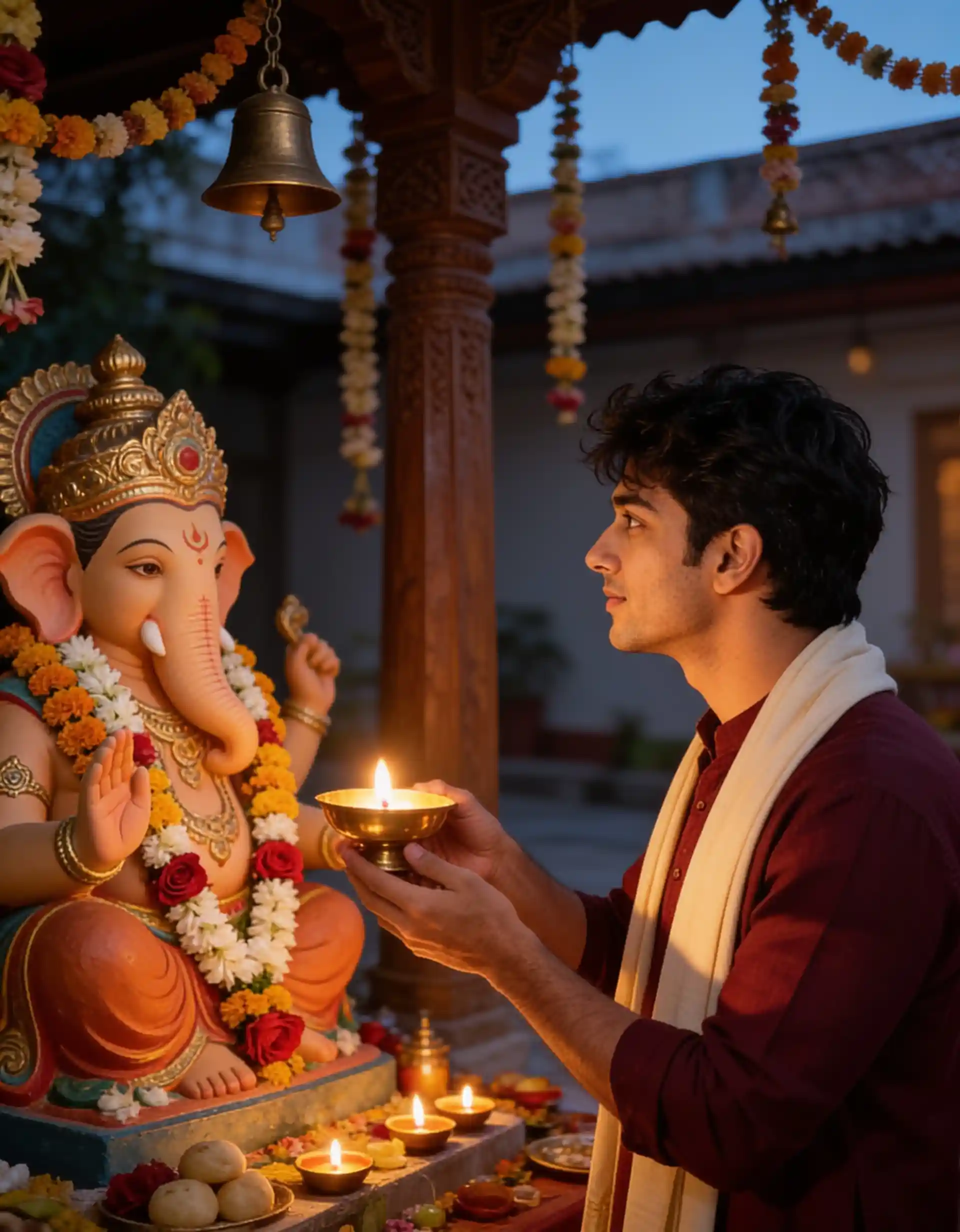 Man in a maroon kurta performing aarti while facing a beautifully decorated Ganpati Bappa.