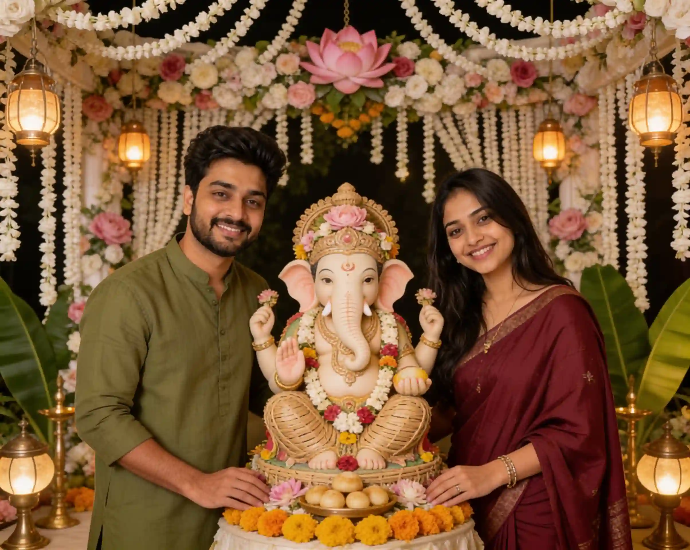 Couple in traditional Indian outfits celebrating Ganesh Chaturthi beside a decorated Ganpati idol.