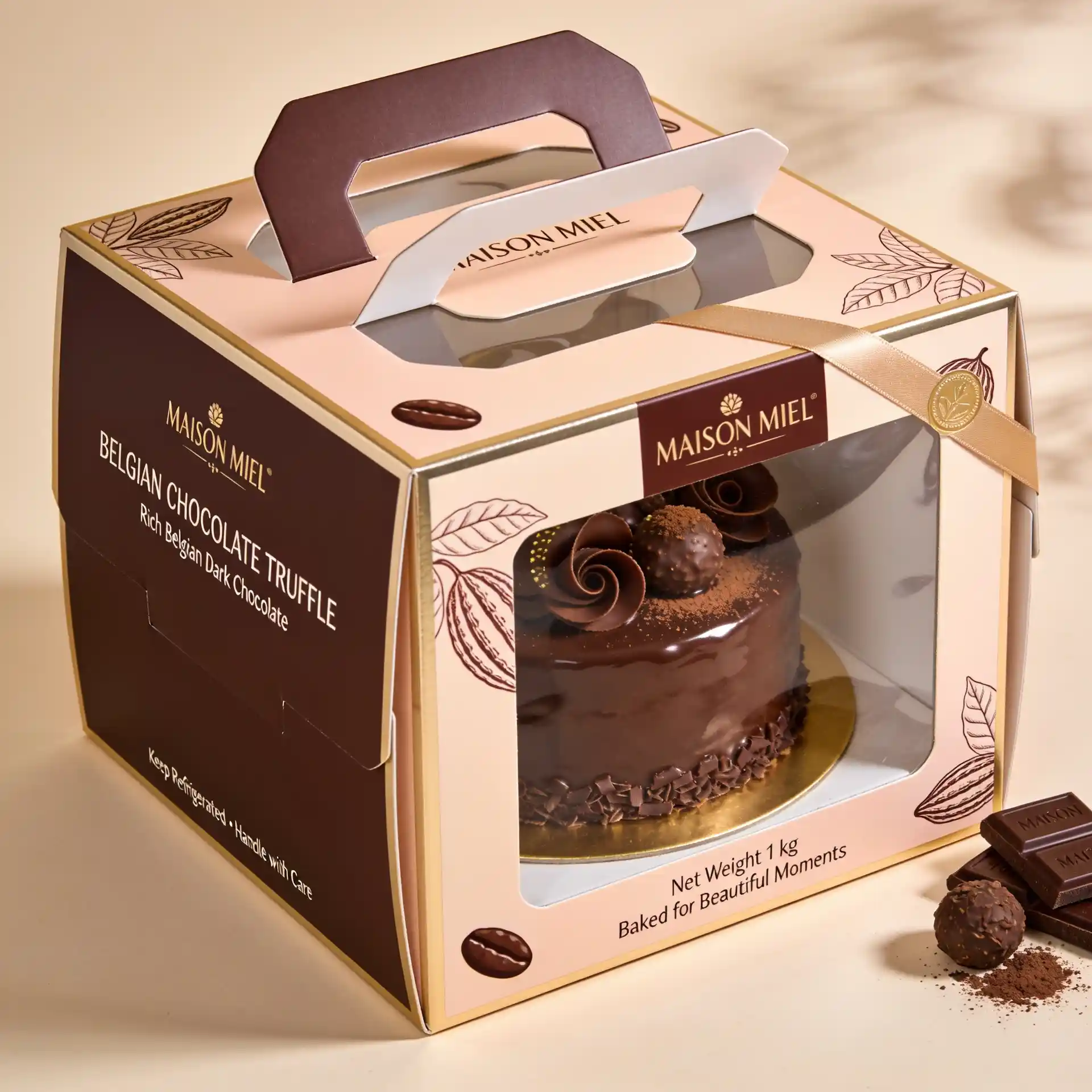 Belgian chocolate truffle cake packaging with transparent window and gold details