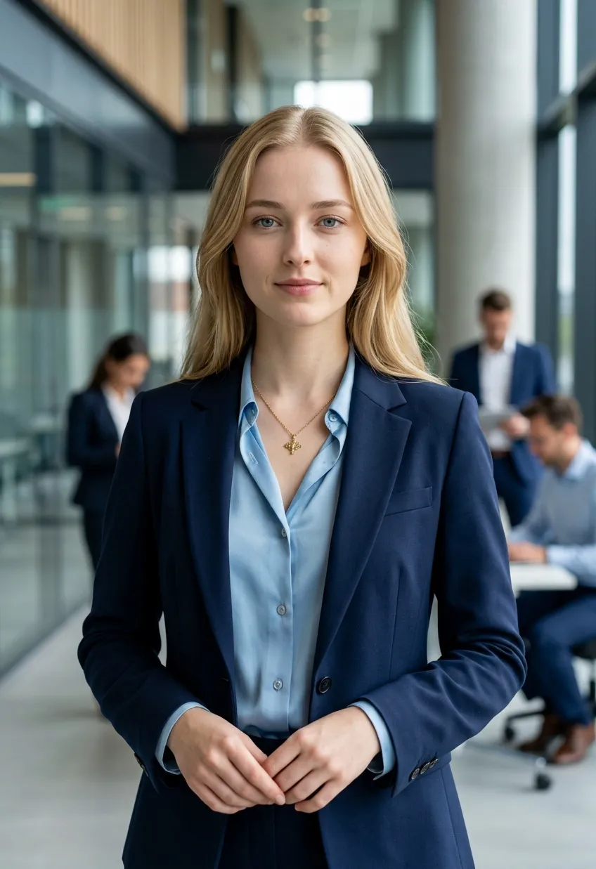 Retrato profesional de una mujer para LinkedIn con una sonrisa segura, ropa de negocios y un fondo de oficina limpio.