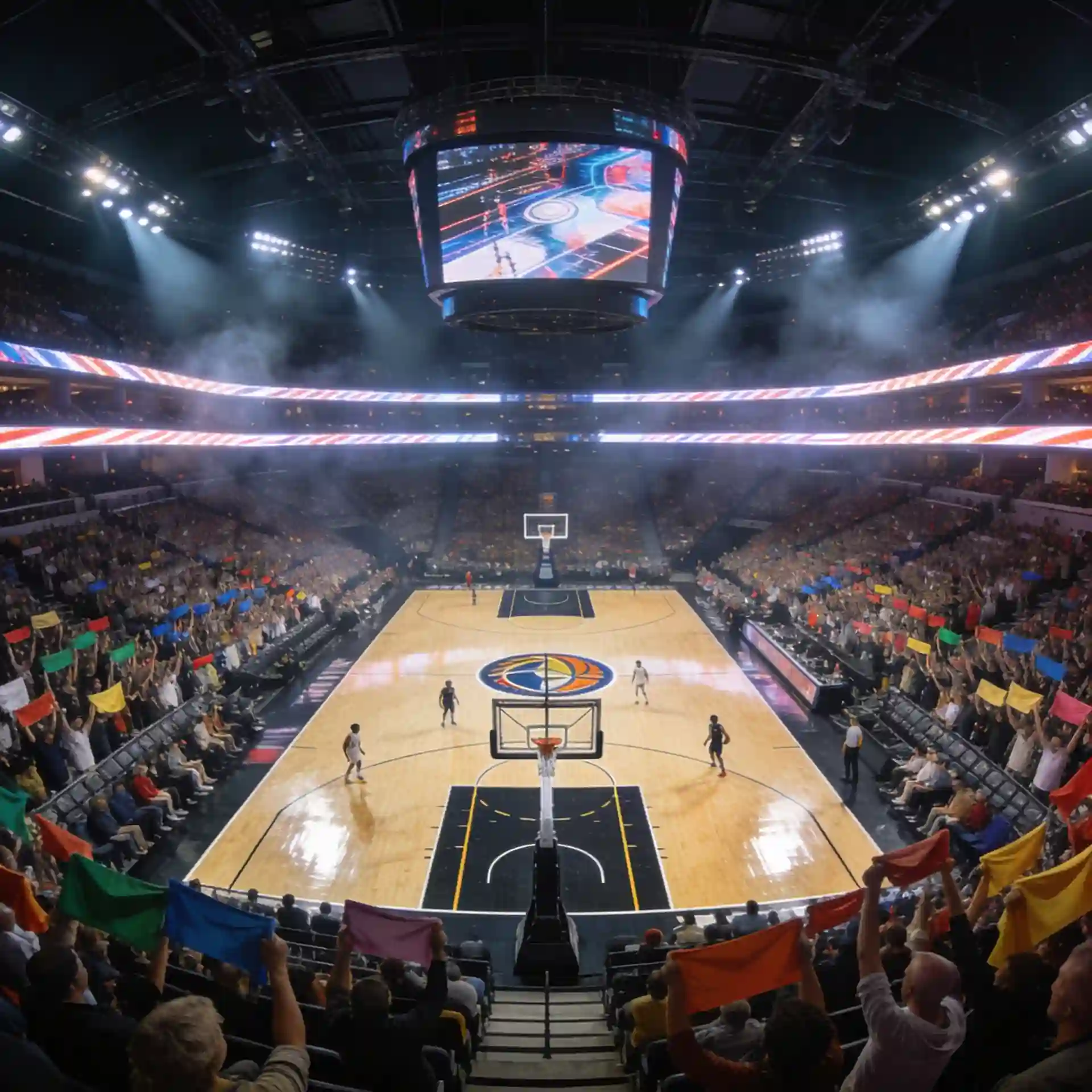 Packed basketball arena during a live game with cheering fans and bright spotlights.