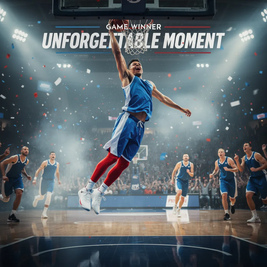 Basketball player performing a powerful dunk while teammates and fans celebrate in the background.