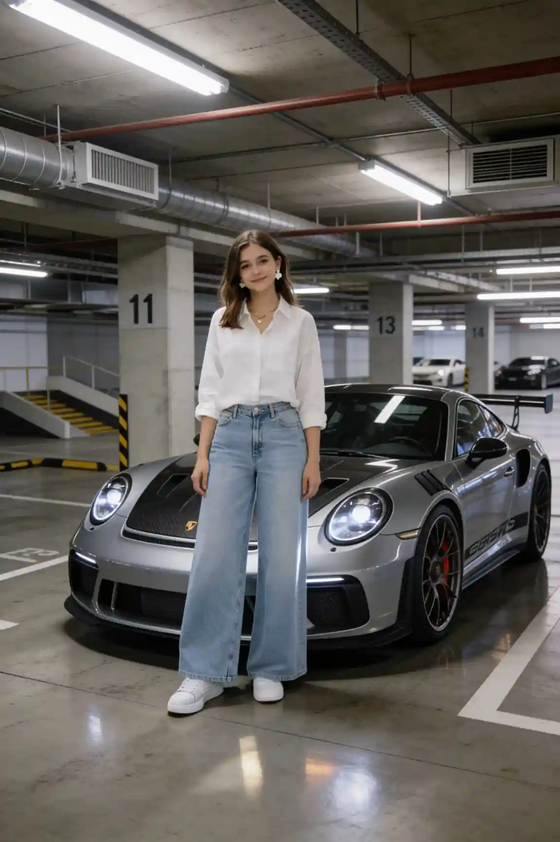 Person posing beside a Porsche 911 GT3 RS inside a realistic underground luxury car garage with cinematic lighting