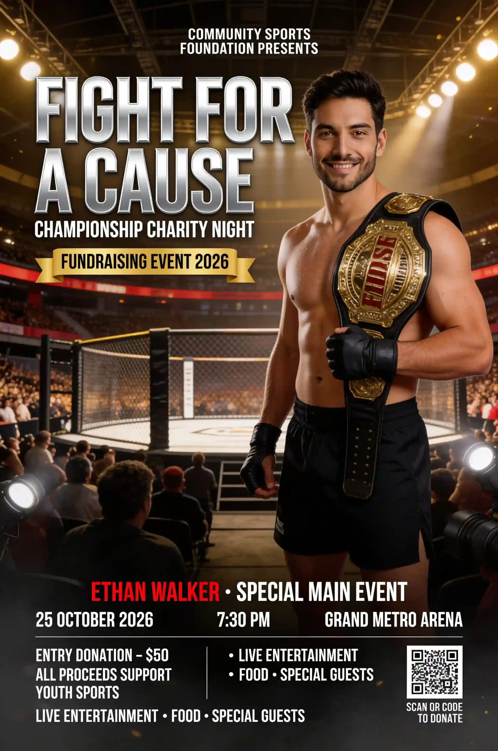 An MMA champion promotes a charity sports event inside a brightly lit arena.