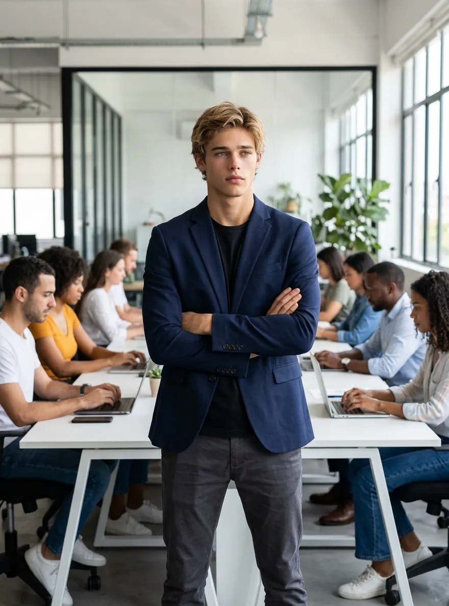 Fundador masculino de una startup en un espacio de coworking creativo con una estética moderna y emprendedora.