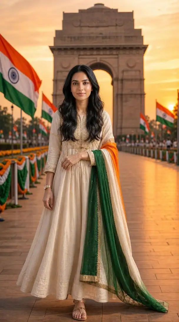 Person standing near India Gate surrounded by Indian flags and tricolor decorations during an Independence Day celebration.