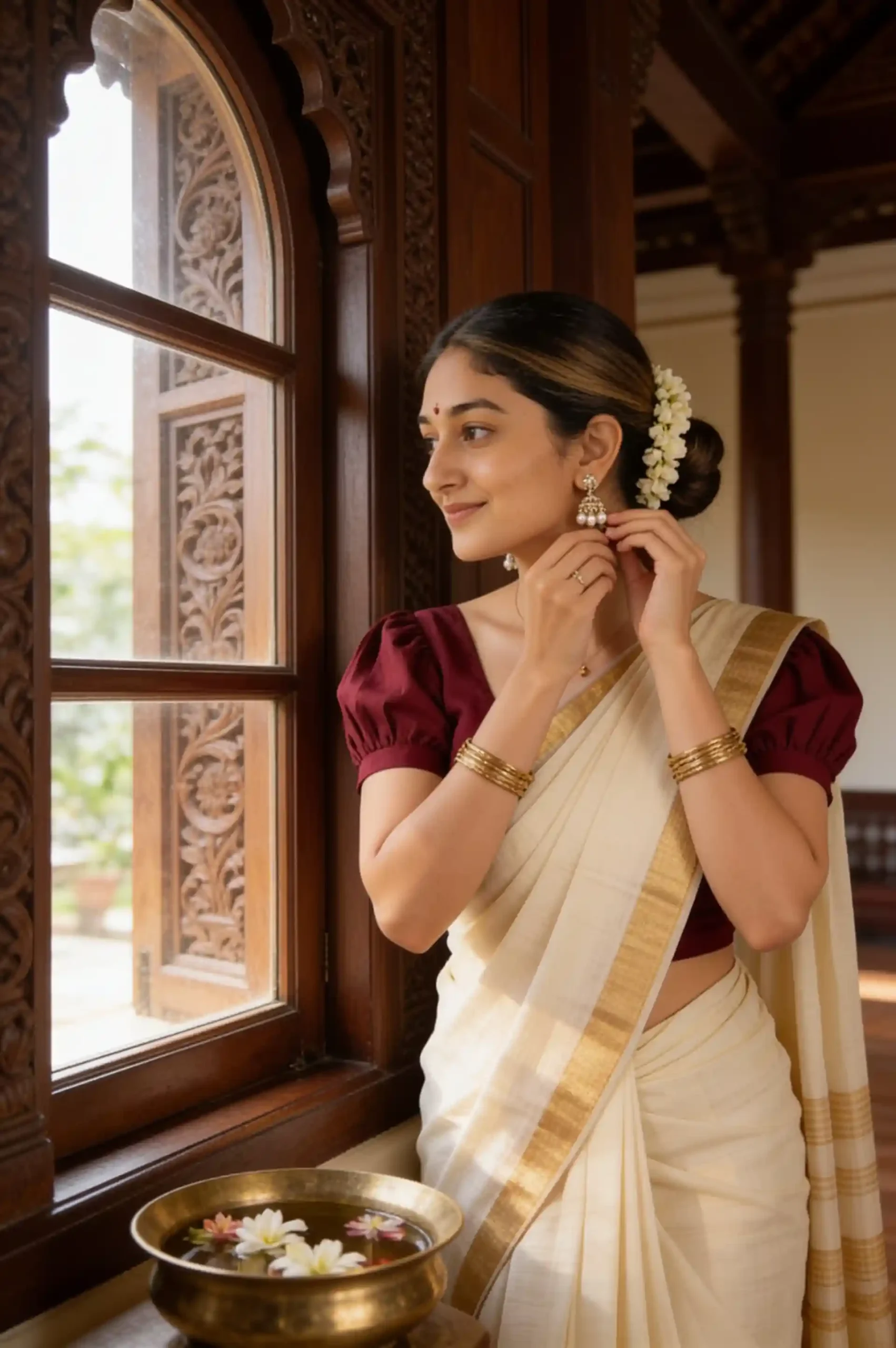 Woman wearing an ivory Kasavu saree with jasmine flowers in a traditional Kerala heritage home.