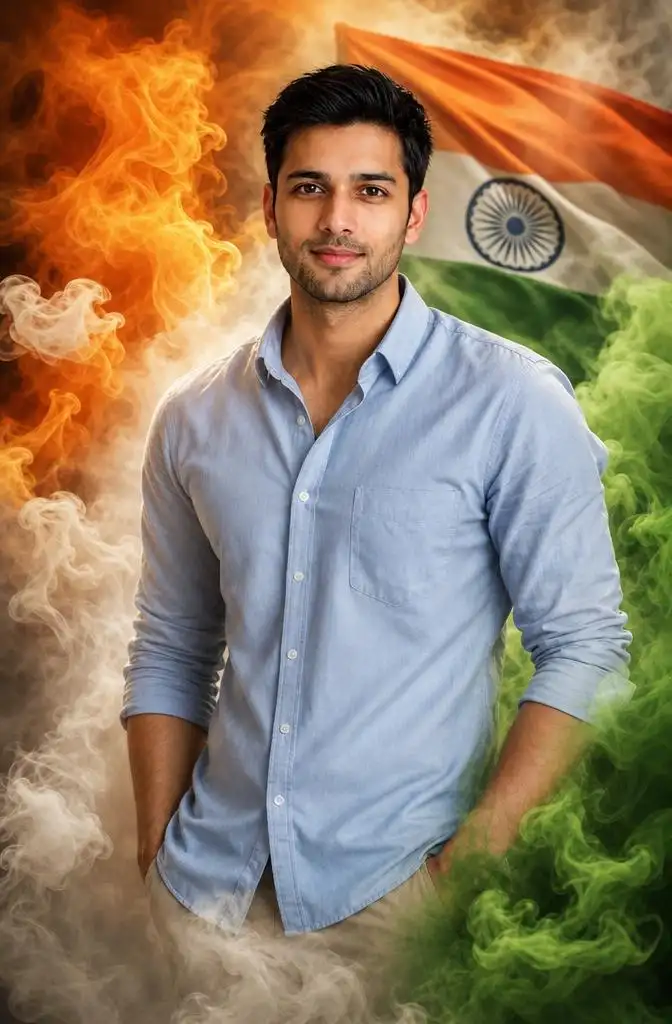 Portrait of a person surrounded by artistic saffron, white, and green smoke effects with a patriotic background.