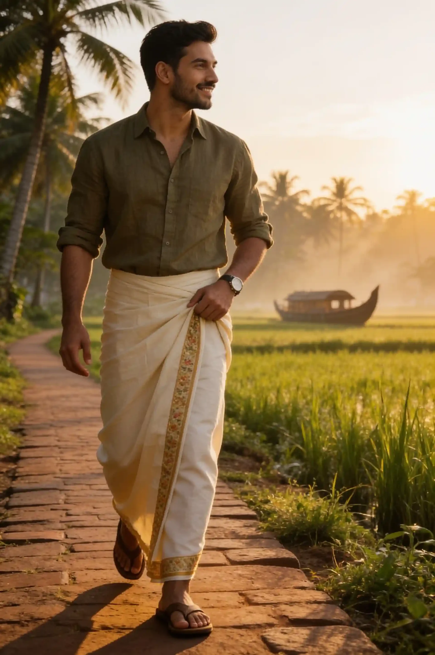 Man wearing traditional Kerala Kasavu mundu and olive shirt near lush paddy fields.
