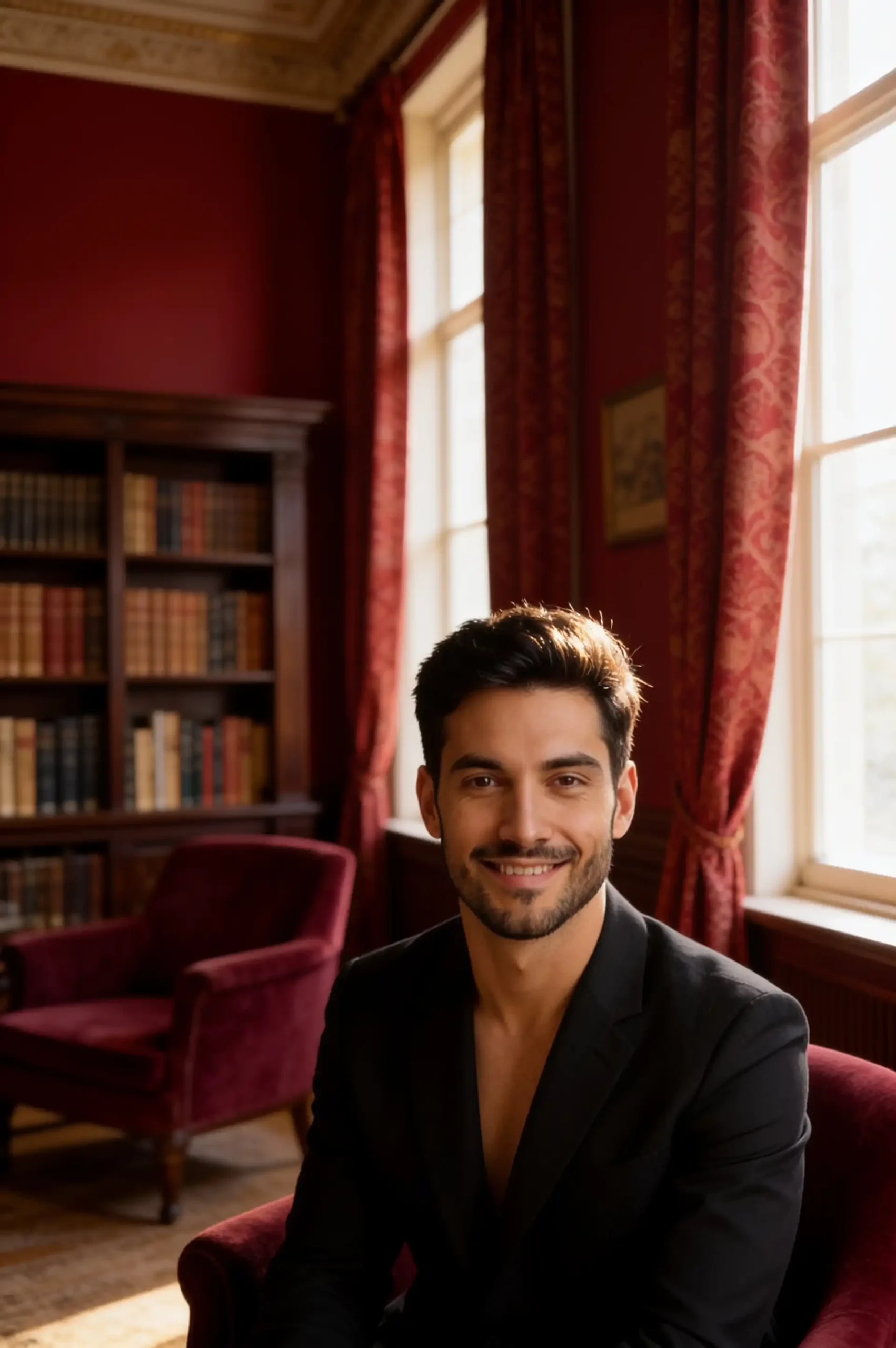 Person posing in an elegant reading room with deep crimson-red walls.