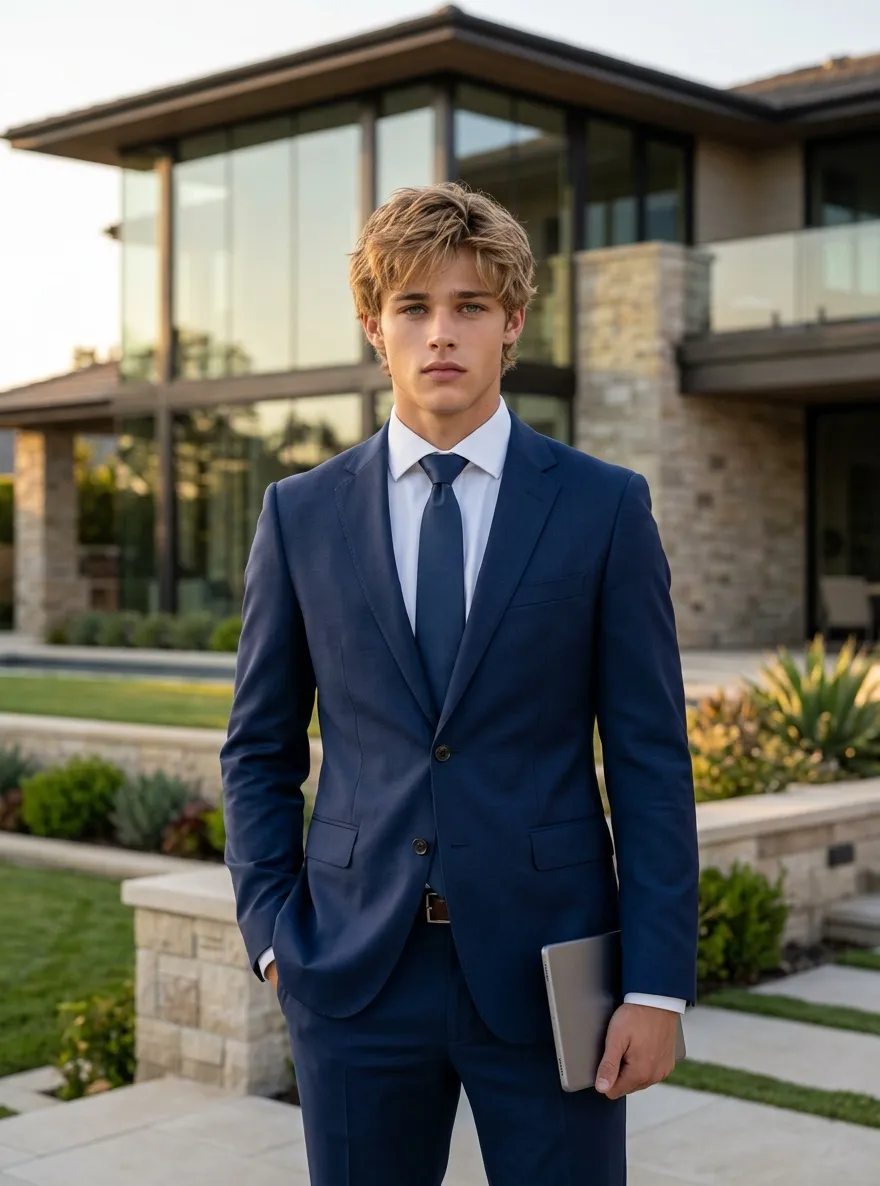 Agente inmobiliario masculino posando con confianza frente a una propiedad moderna y de lujo.