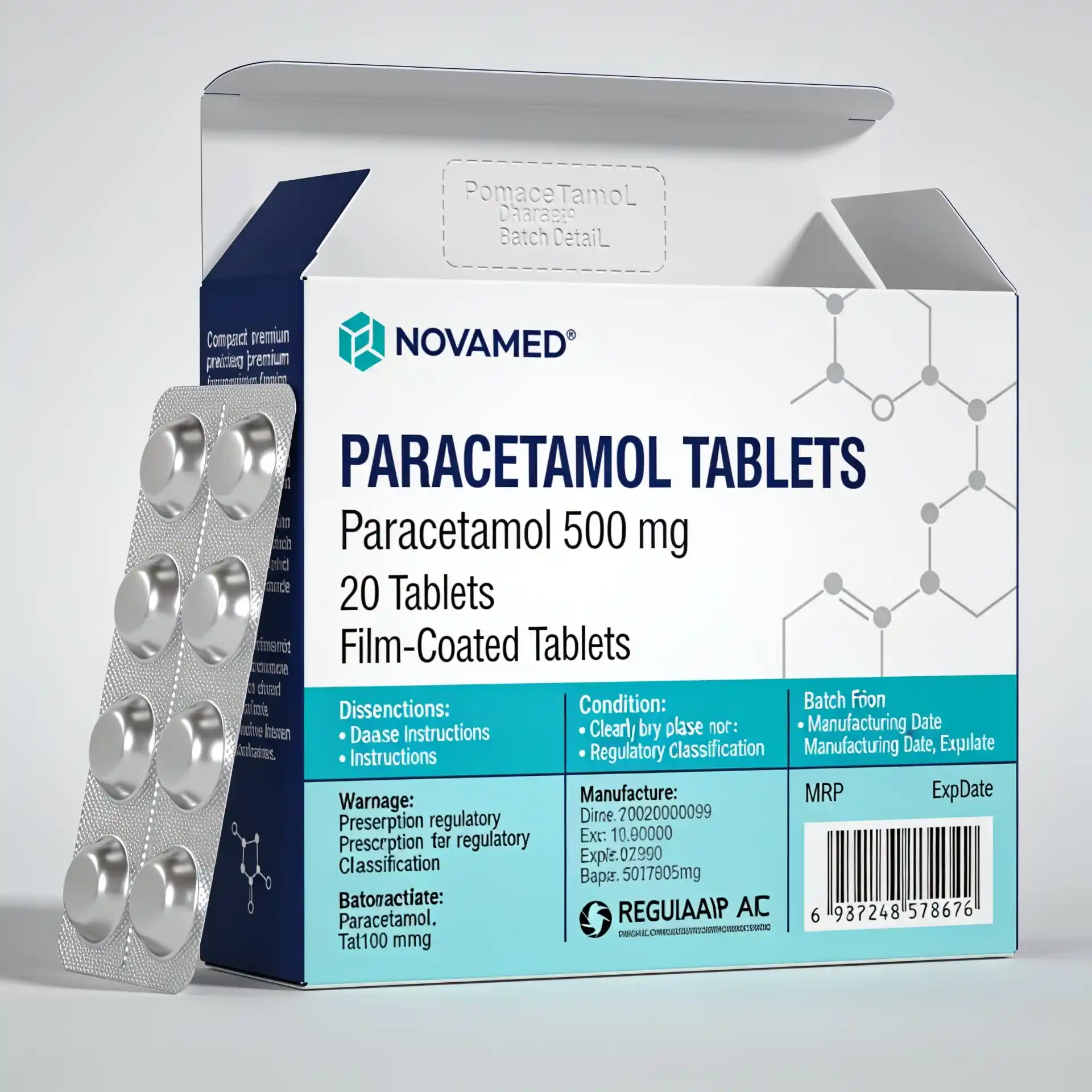 Professional Paracetamol tablet packaging with medicine carton and blister strips