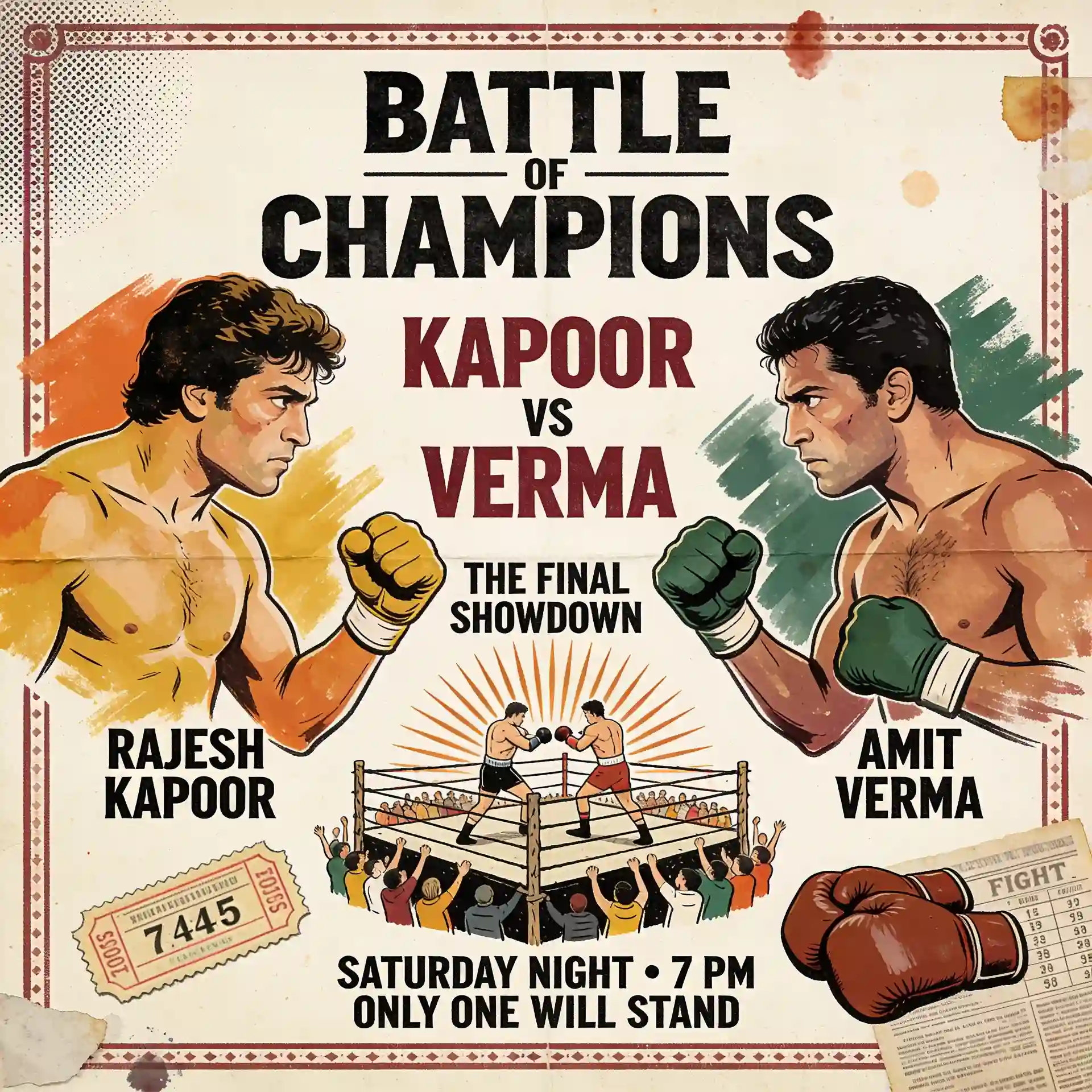 Two fighters face off in a colorful vintage 1970s-style illustrated sports poster.