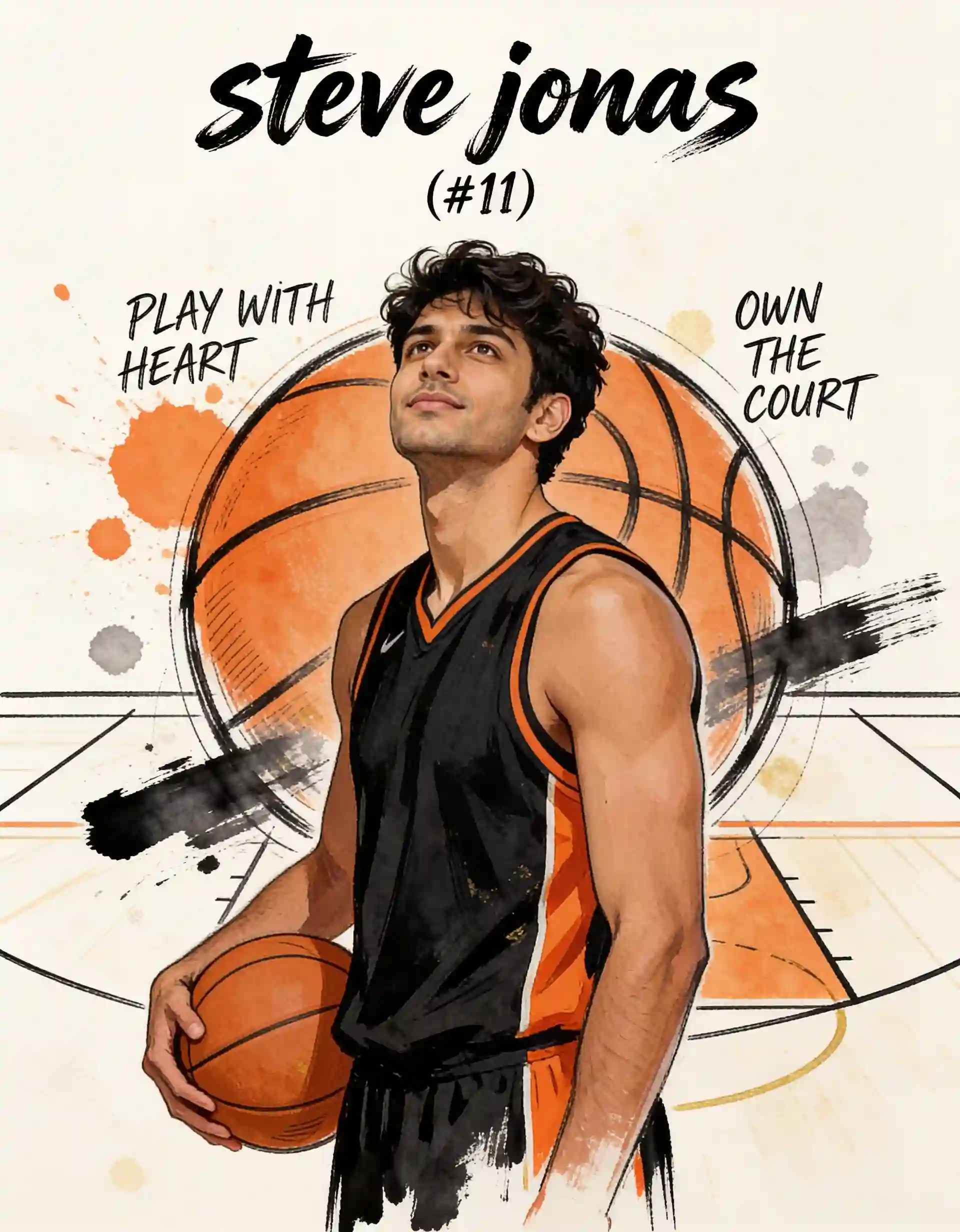 Basketball player artwork with orange paint and sketch effects.