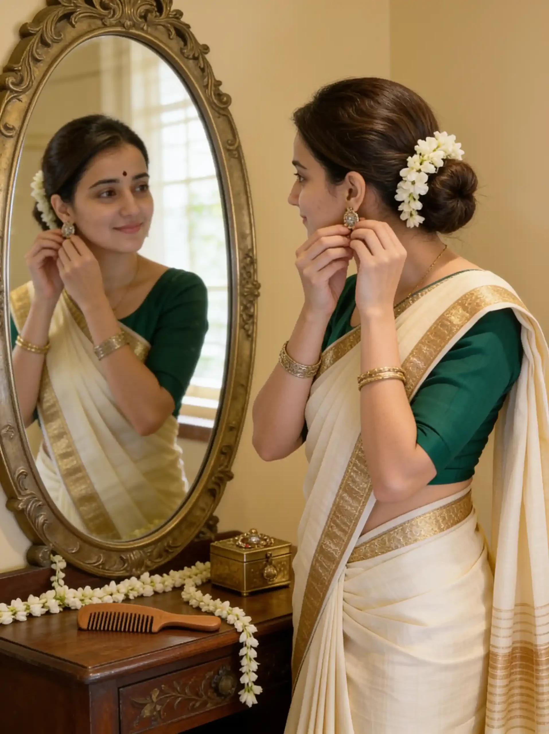 Woman in a Kasavu saree getting ready for Onam beside a traditional brass mirror.