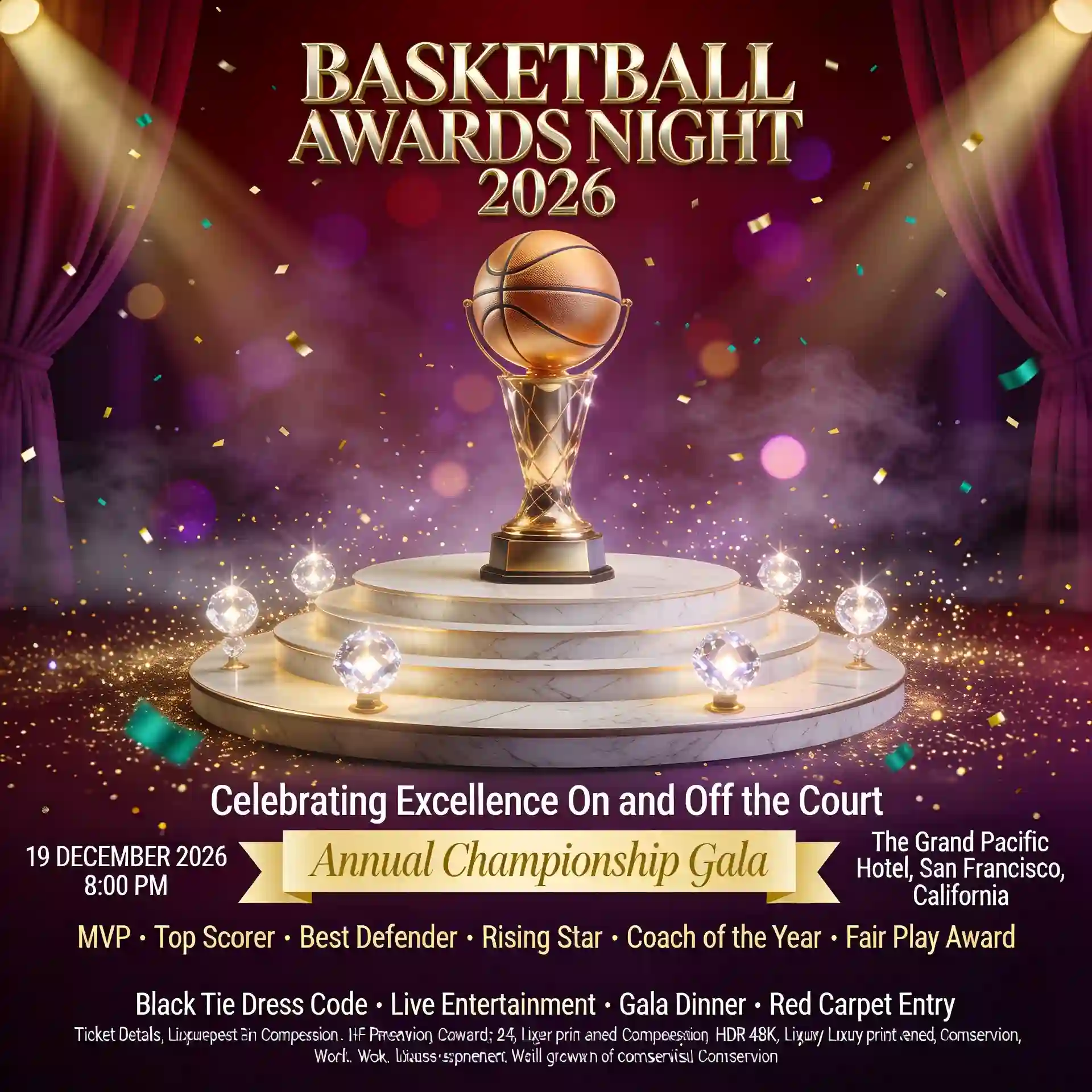 Luxury basketball awards night poster featuring a golden trophy on a stage with elegant lighting.