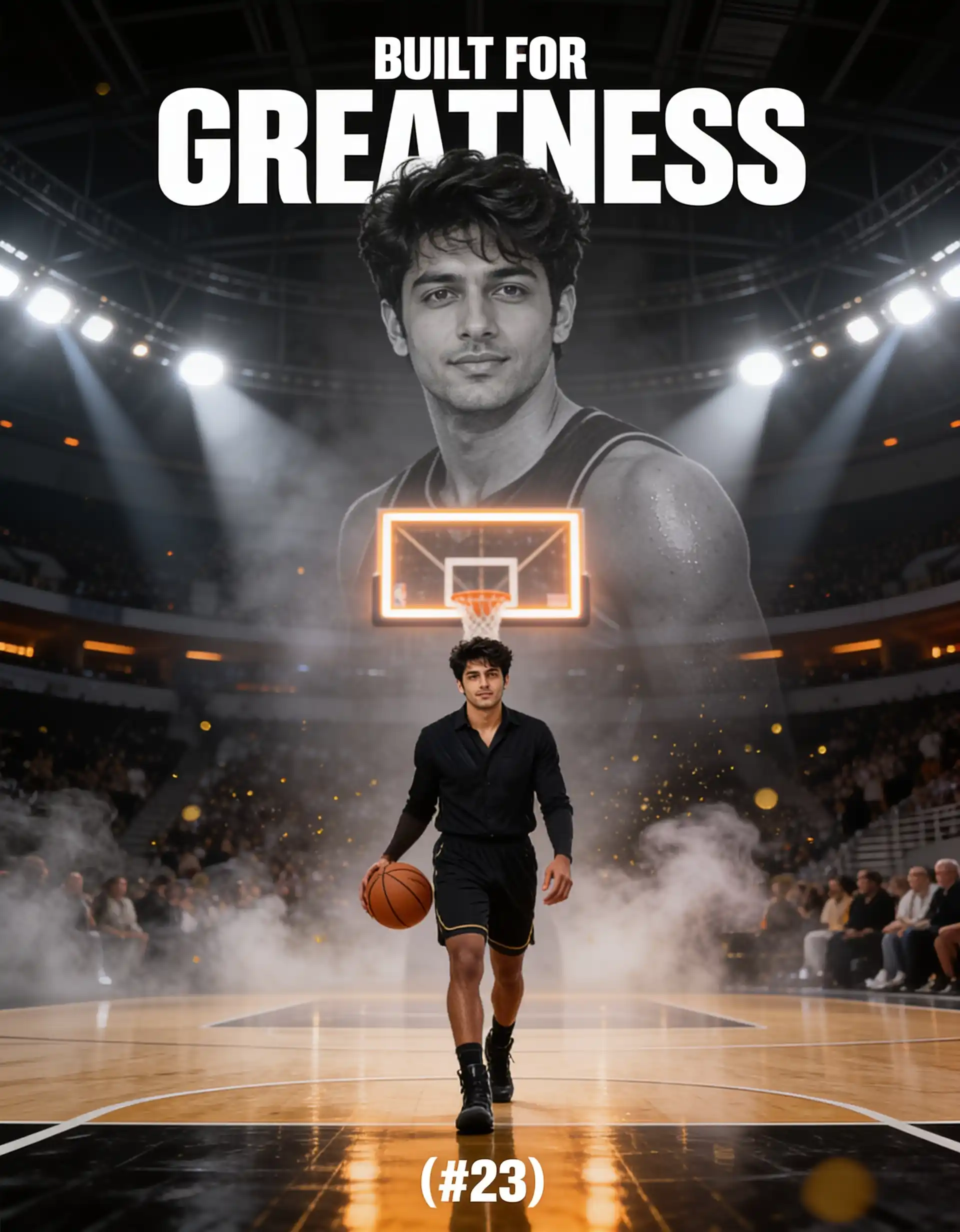 Basketball player walking across a court in a cinematic arena poster.