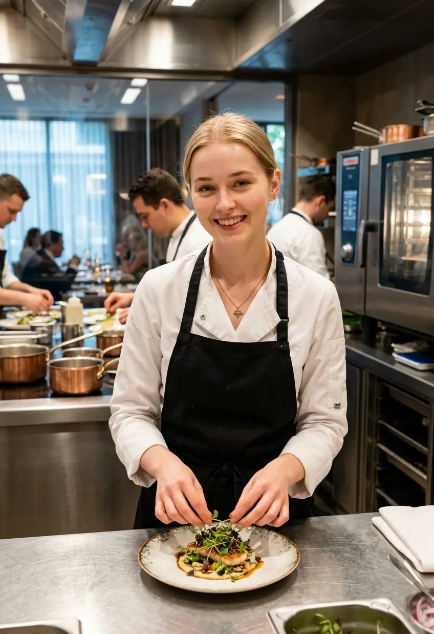 Chef profesional femenina en una cocina de restaurante premium con equipamiento culinario profesional y un ambiente elegante.