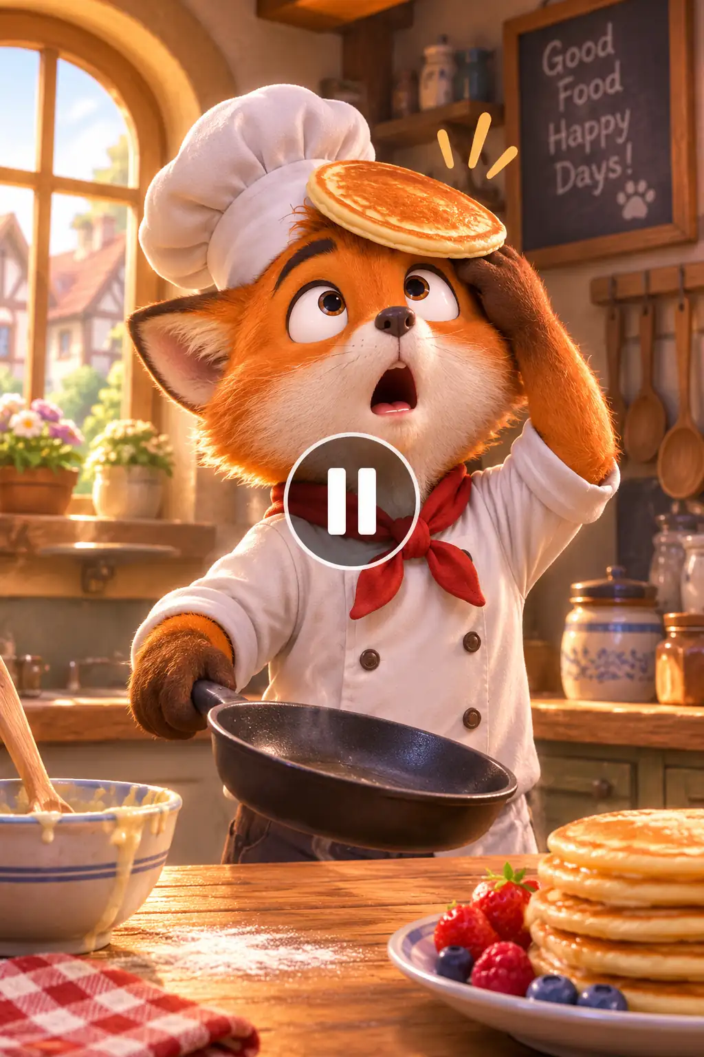 A cartoon fox chef in a kitchen looks up in shock as a flipped pancake lands on his head.