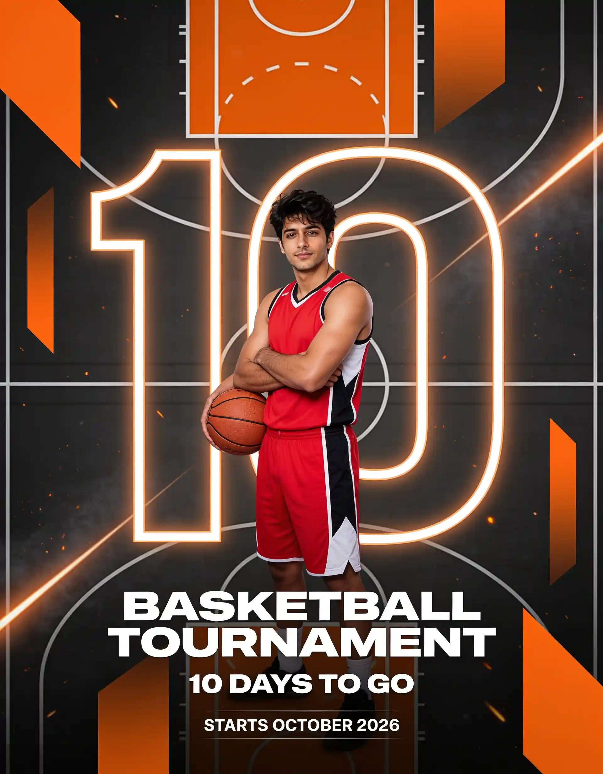 Basketball player featured in a 10-day tournament countdown poster.