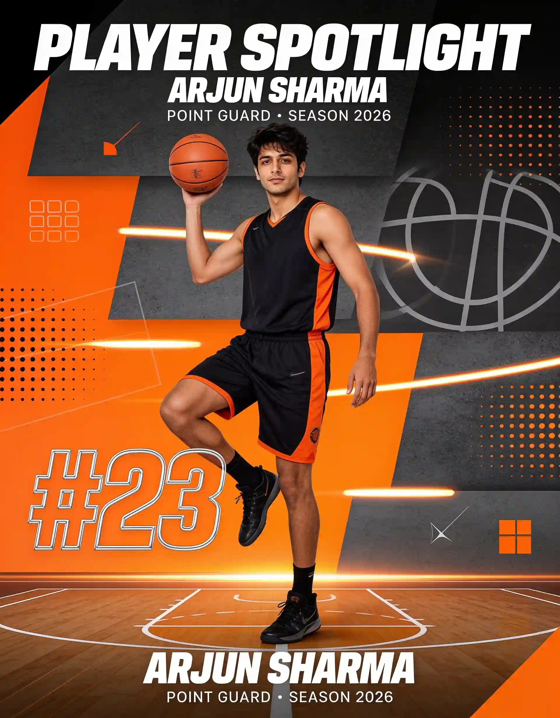 Basketball player featured in a modern social media sports poster.