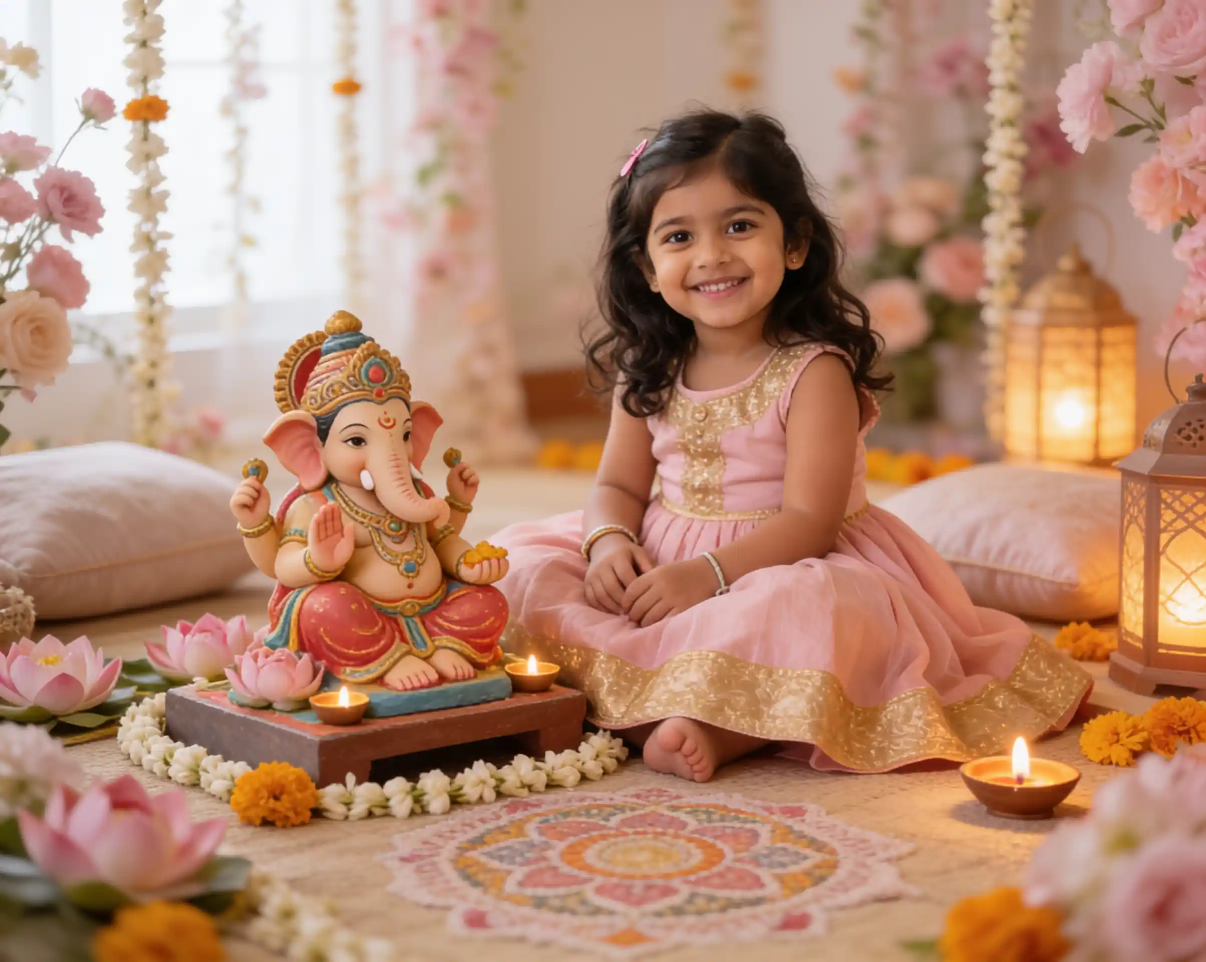 Baby girl in a pink traditional lehenga sitting beside a beautifully decorated Ganpati idol.