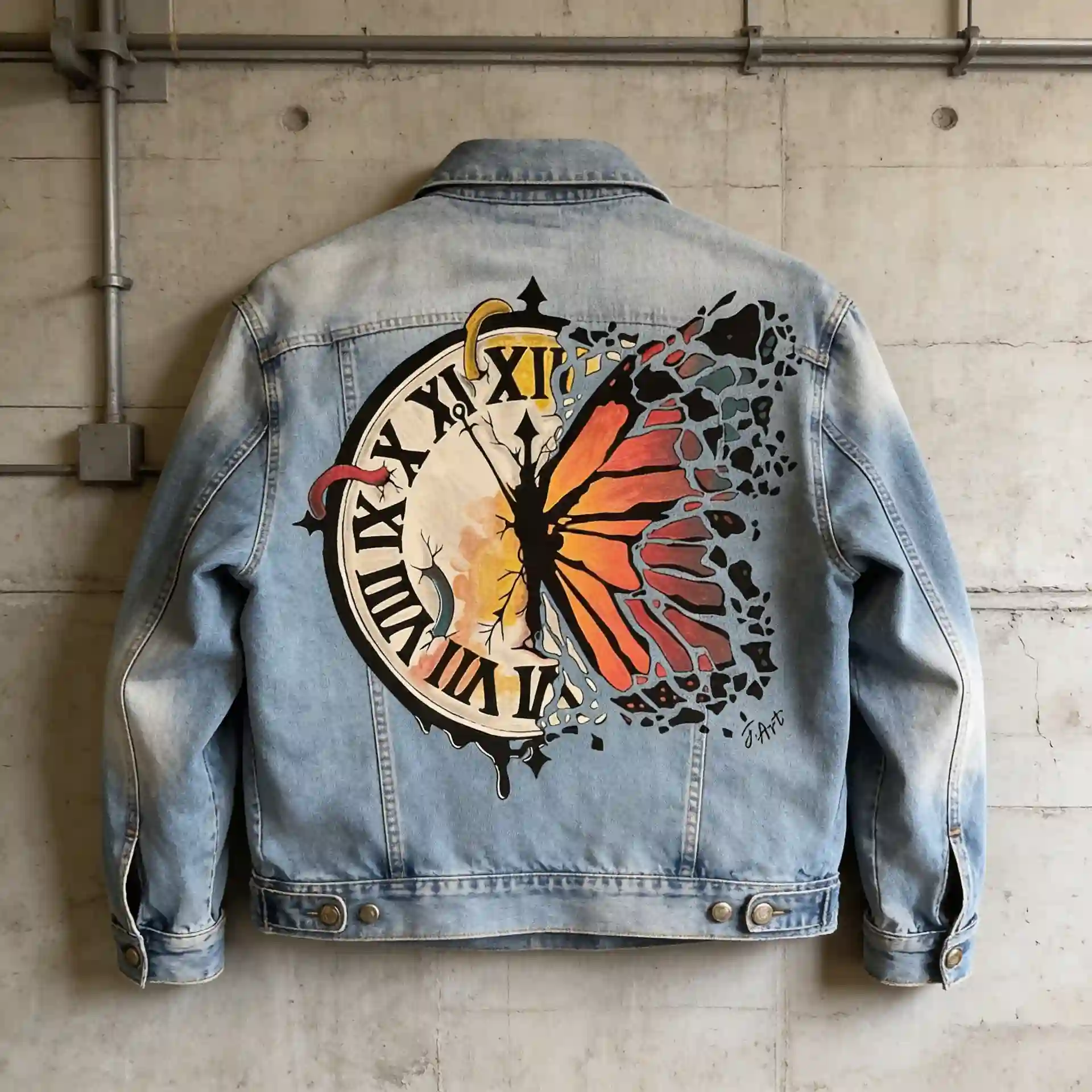 A light-wash denim jacket photographed from the back, with a large butterfly/clock-style graphic across the back panel.